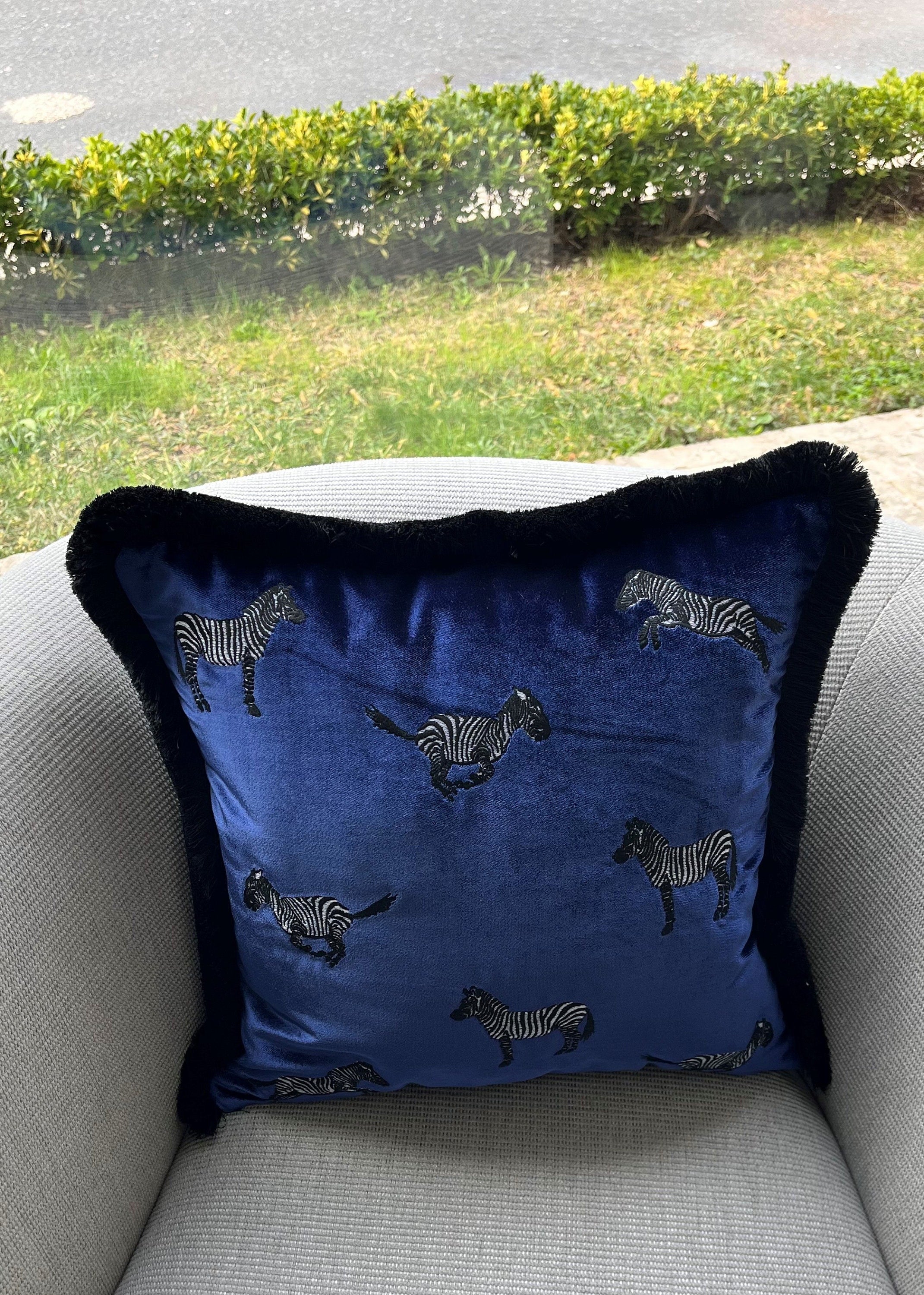 Zebra Pattern Blue Velvet Throw Pillow Cover | Animal Print Pillow Cover for Couch | Decorative Black Tasseled Cushion | Unique Gift Idea