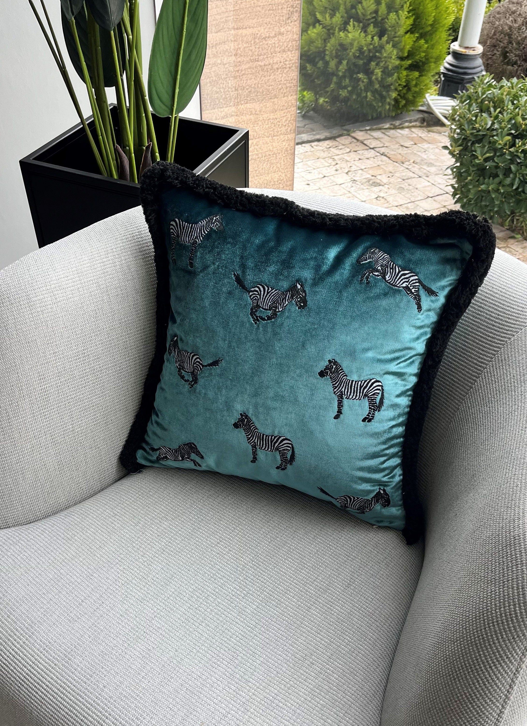 Turquoise Velvet Pillow Cover for Couch | Zebra Pattern Boho Decor Throw Pillow | Attractive Animal Print Black Tassel Cushion Cover