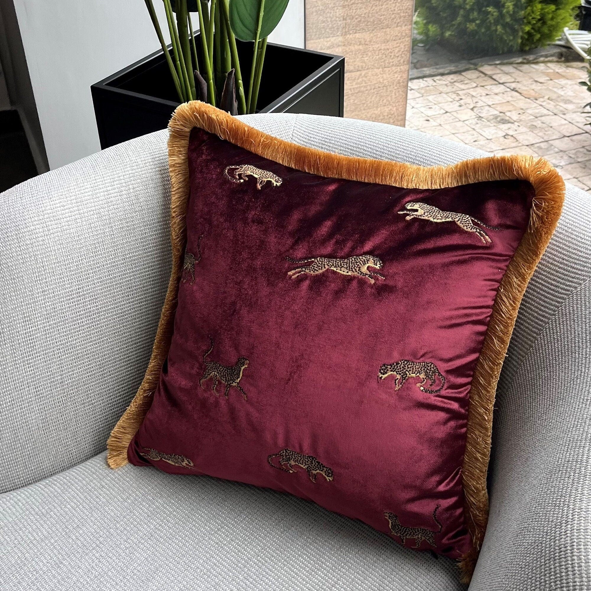 Leopard Pattern Throw Pillow Cover | Bordeaux Red Velvet Pillow Case | Gold Fringed Throw Pillow | Burgundy Velvet Cushion | Unique Gift