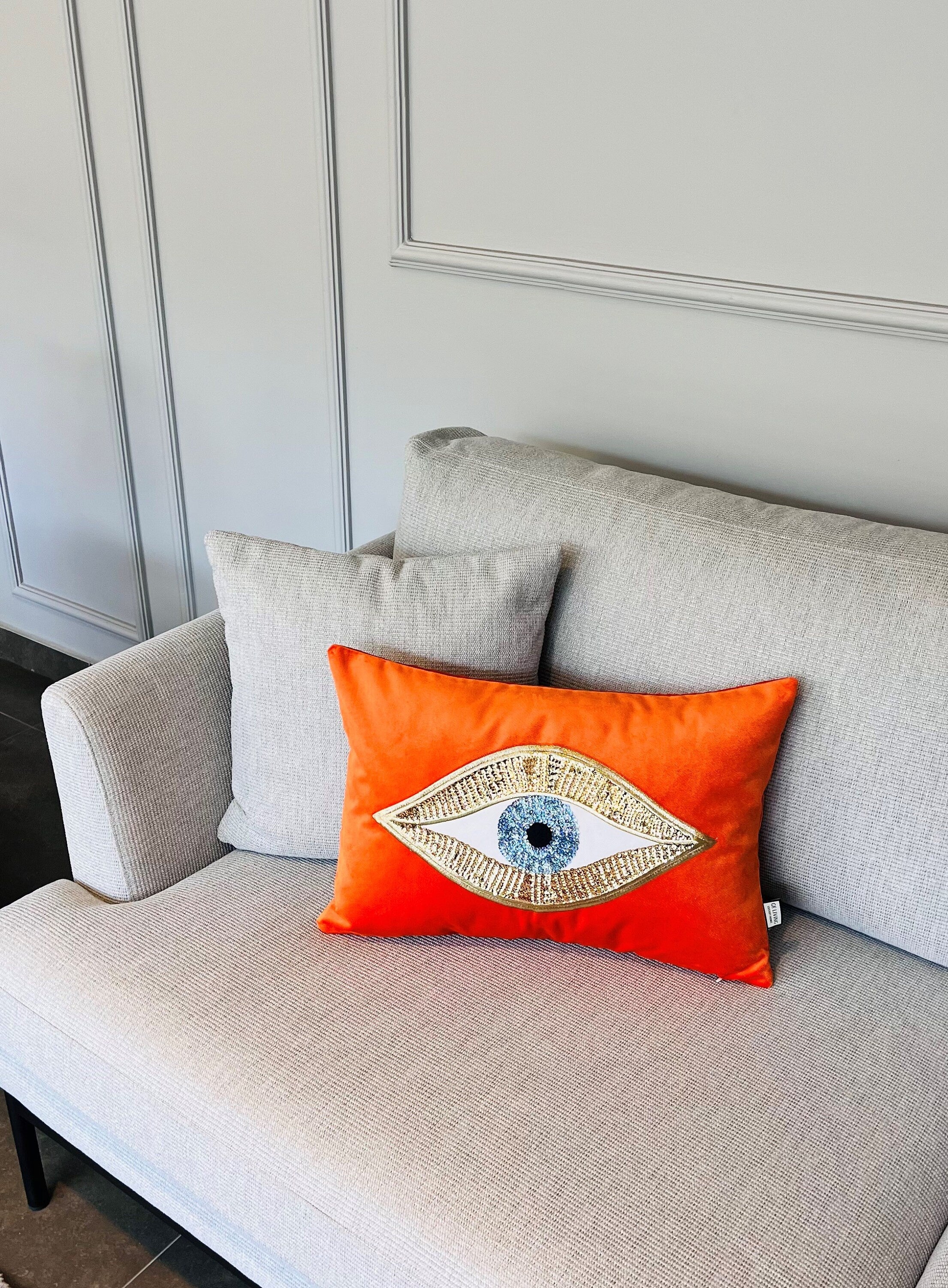 Eye Pattern Throw Pillow For Couch - Orange Velvet Cushion Cover - Gold Sequin Evil Eye Pattern - Room Decor - Protection against Beady Eyes