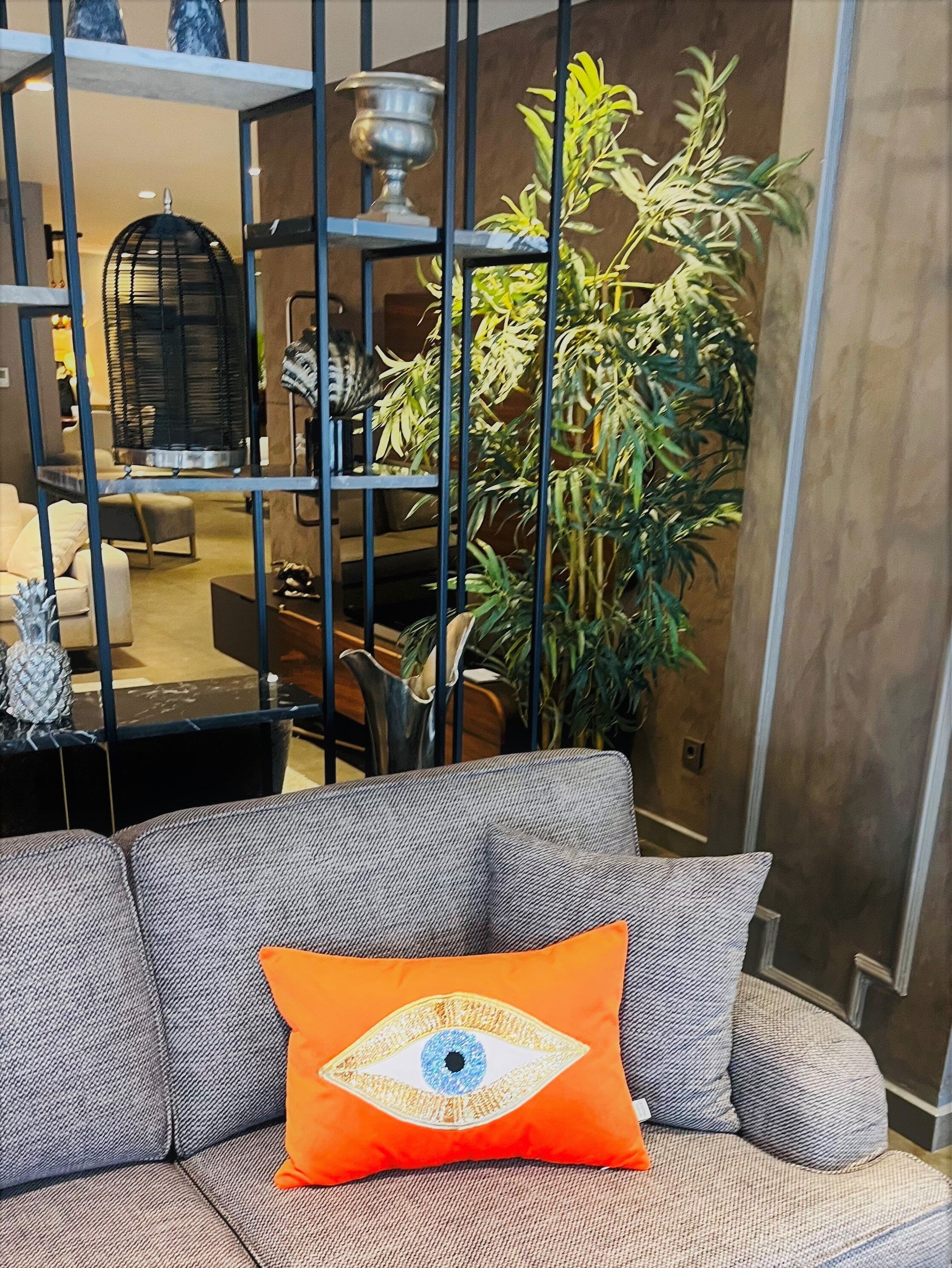 Eye Pattern Throw Pillow For Couch - Orange Velvet Cushion Cover - Gold Sequin Evil Eye Pattern - Room Decor - Protection against Beady Eyes