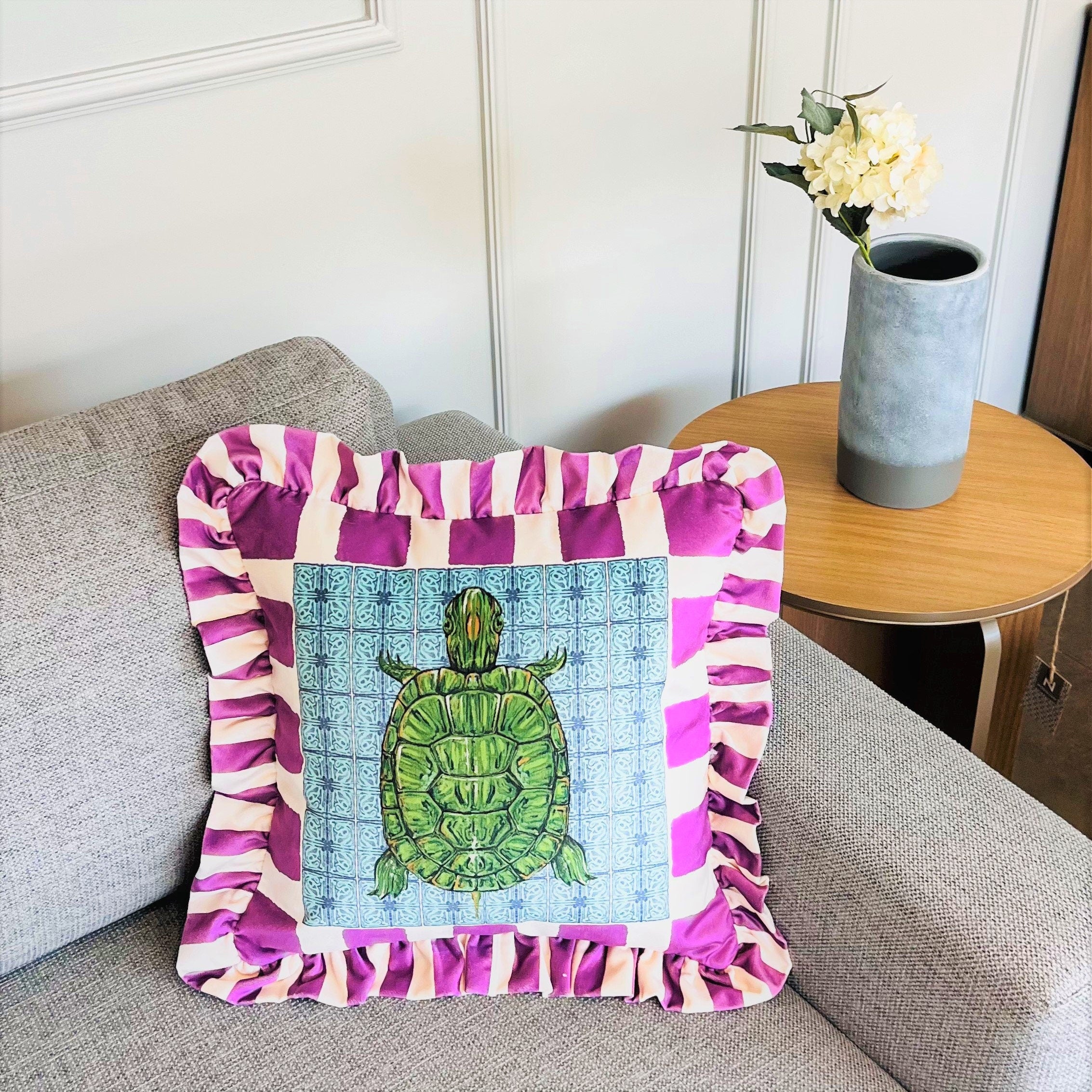 Caretta Caretta Pattern Throw Pillow For Couch - Velvet Ruffled Cushion Cover - Purple Checkered Velvet Cushion - Sea Turtle Animal Print