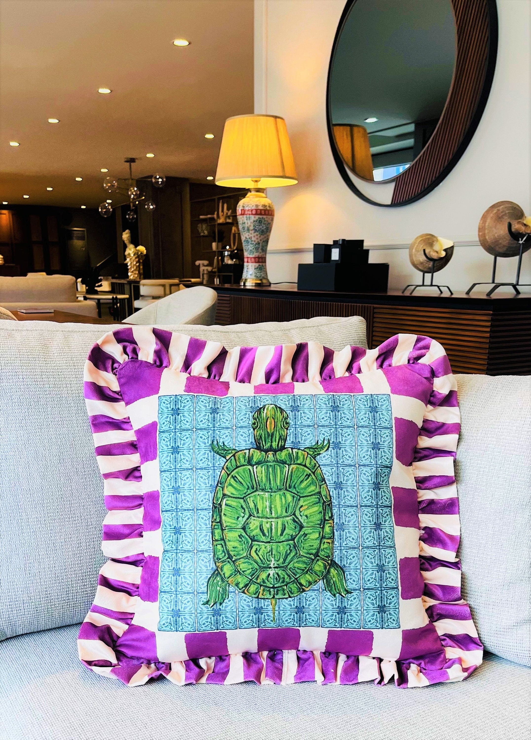 Caretta Caretta Pattern Throw Pillow For Couch - Velvet Ruffled Cushion Cover - Purple Checkered Velvet Cushion - Sea Turtle Animal Print