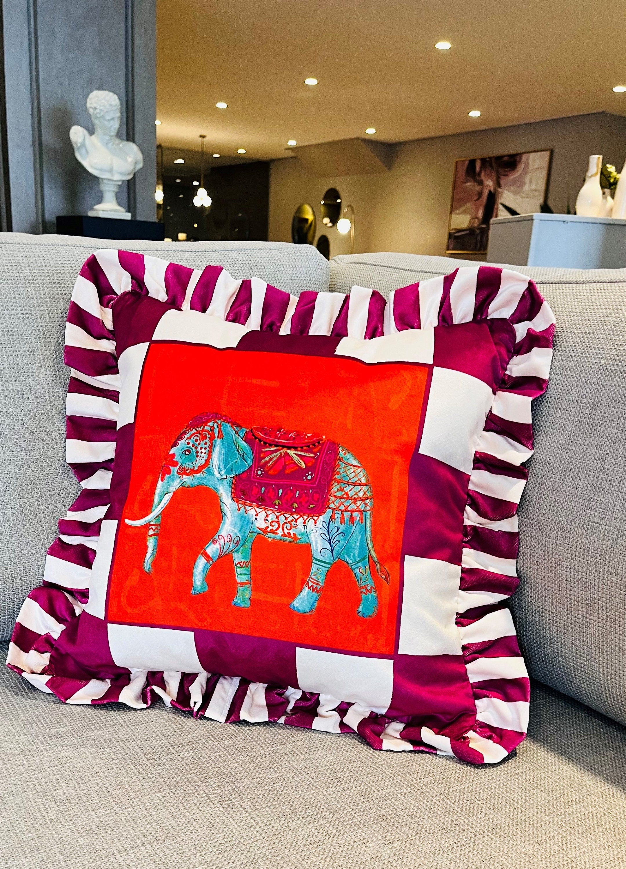 Elephant Pattern Throw Pillow For Couch - Velvet Ruffled Cushion Cover - Purple Checkered Velvet Cushion - Animal Print Handmade Paintings