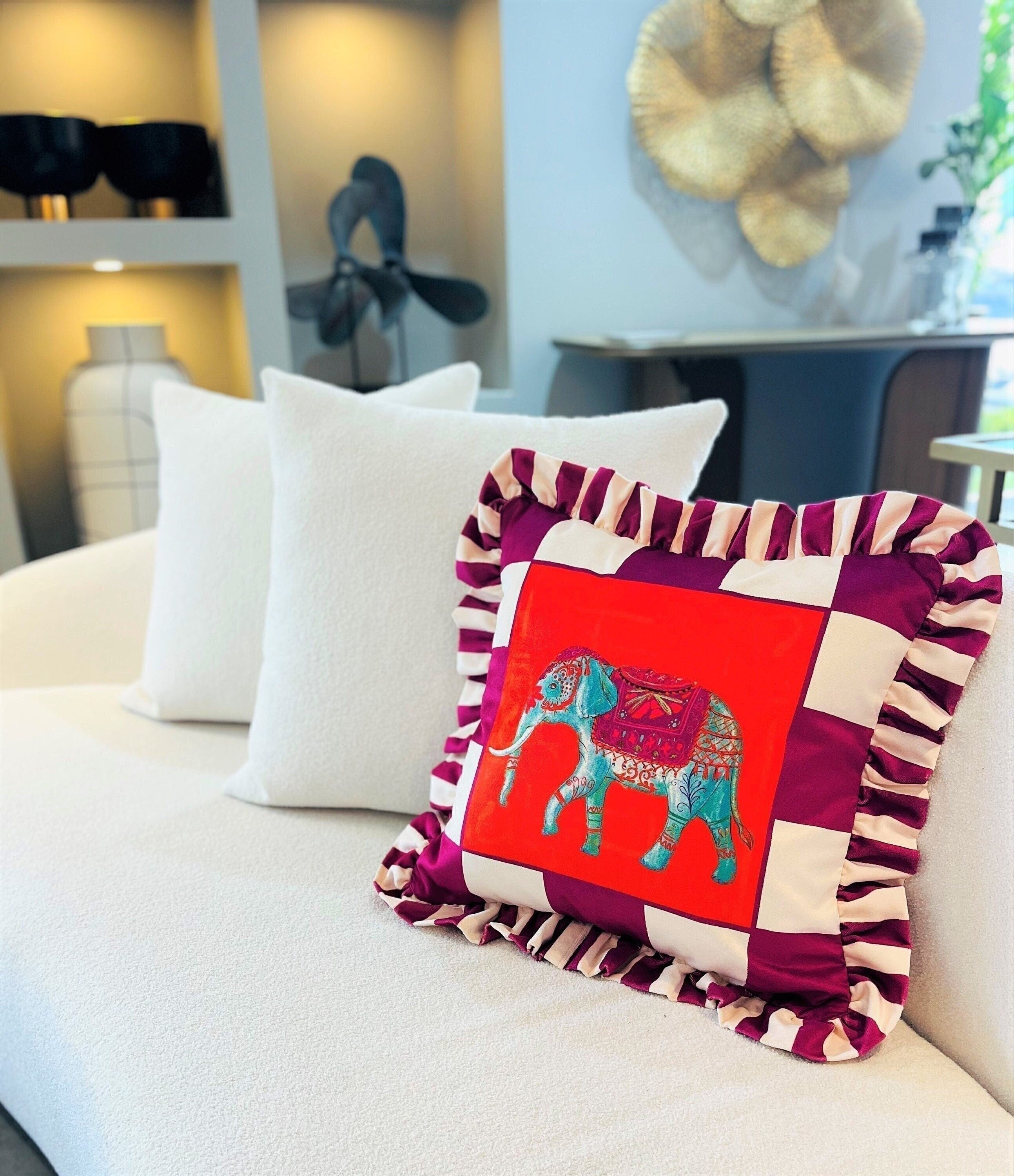 Elephant Pattern Throw Pillow For Couch - Velvet Ruffled Cushion Cover - Purple Checkered Velvet Cushion - Animal Print Handmade Paintings