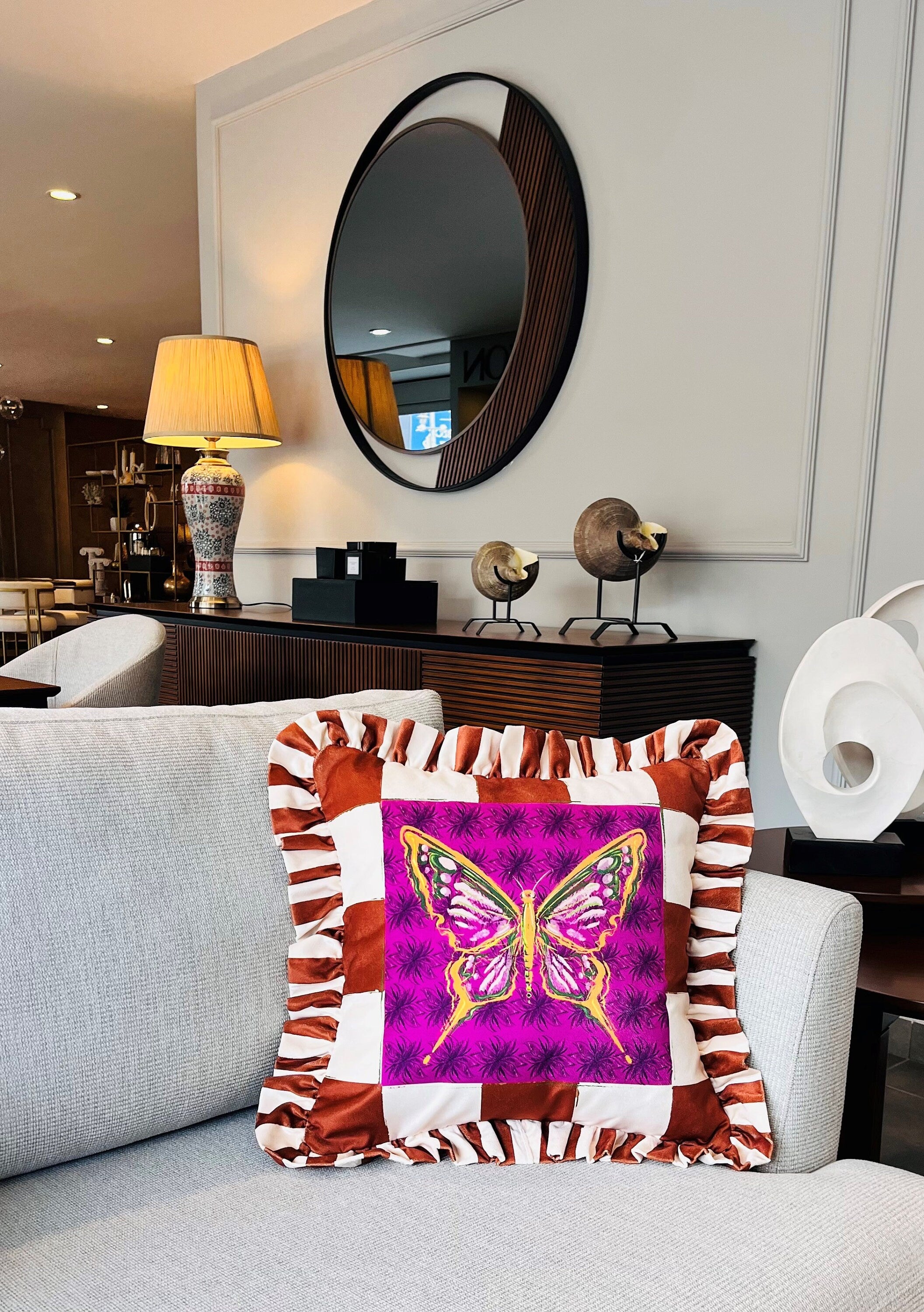 Butterfly Pattern Throw Pillow For Couch - Velvet Ruffled Cushion Cover - Brown Checkered Velvet Cushion - Animal Print Handmade Paintings