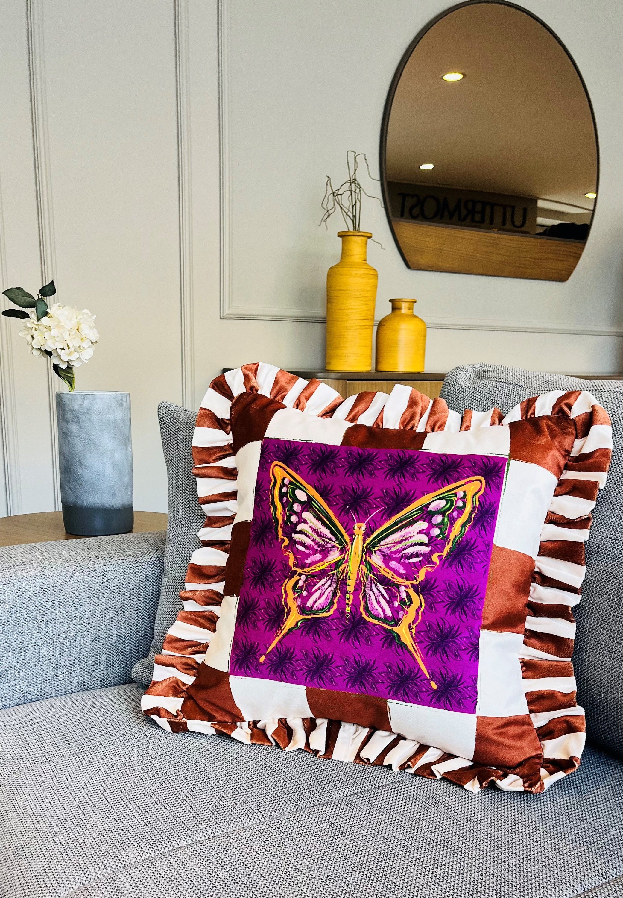 Butterfly Pattern Throw Pillow For Couch - Velvet Ruffled Cushion Cover - Brown Checkered Velvet Cushion - Animal Print Handmade Paintings