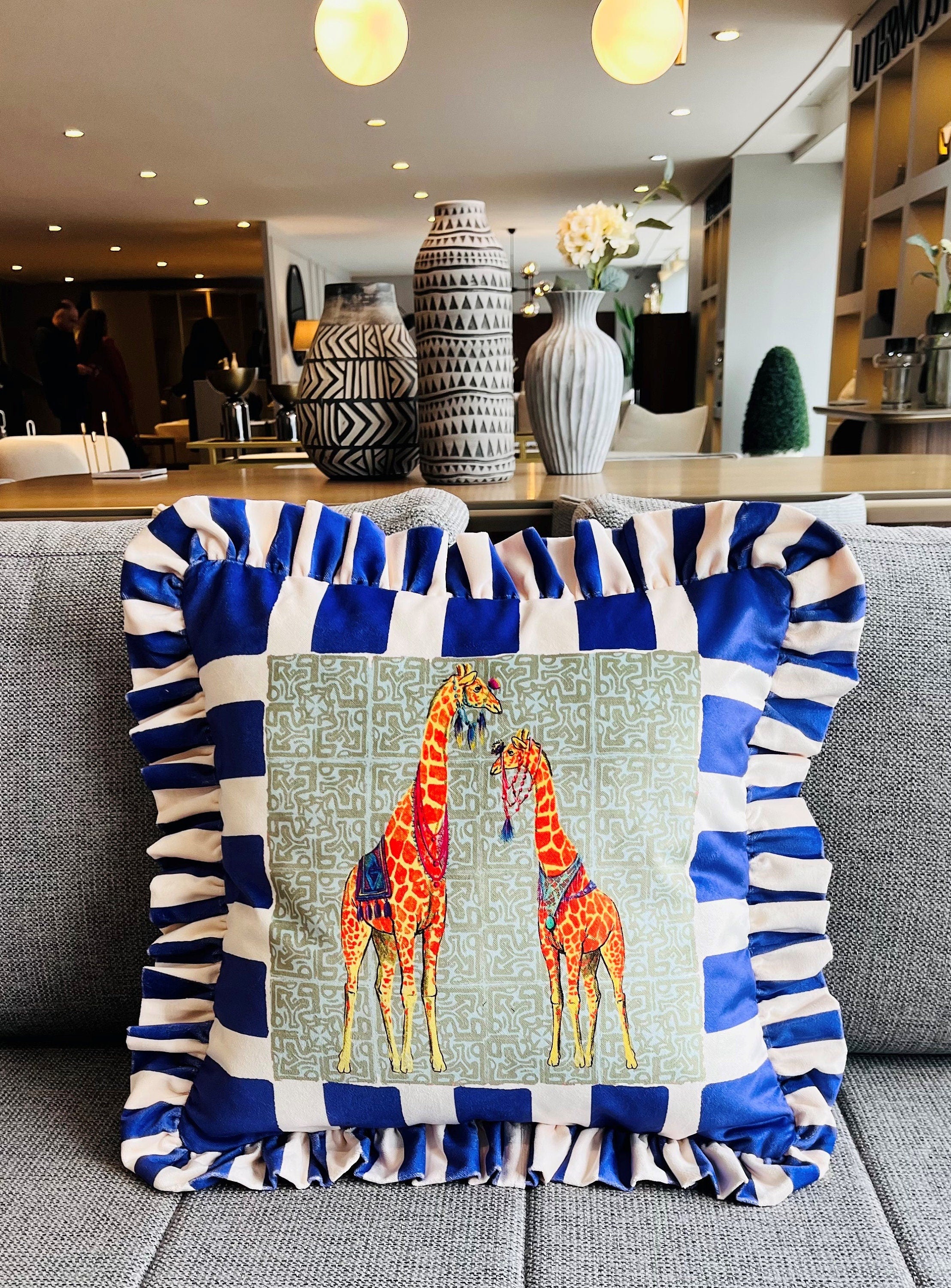 Giraffe Pattern Throw Pillow For Couch - Velvet Ruffled Cushion Cover - Blue Checkered Velvet Cushion - Animal Print Handmade Paintings