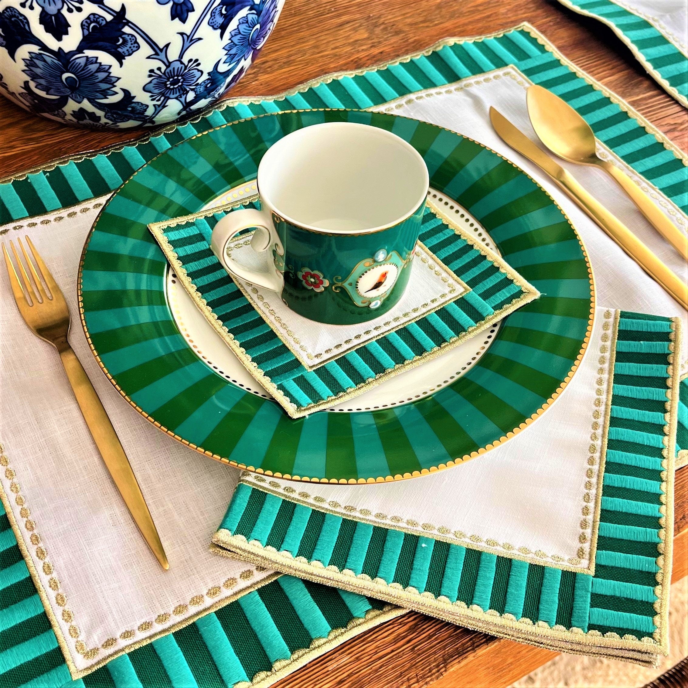 Candy Placemats - Green Checkered Decorative Placemat Set of 4, 6, 8 - Checker Pattern Linen Table Napkins - Gold Detailed Dining Napkins