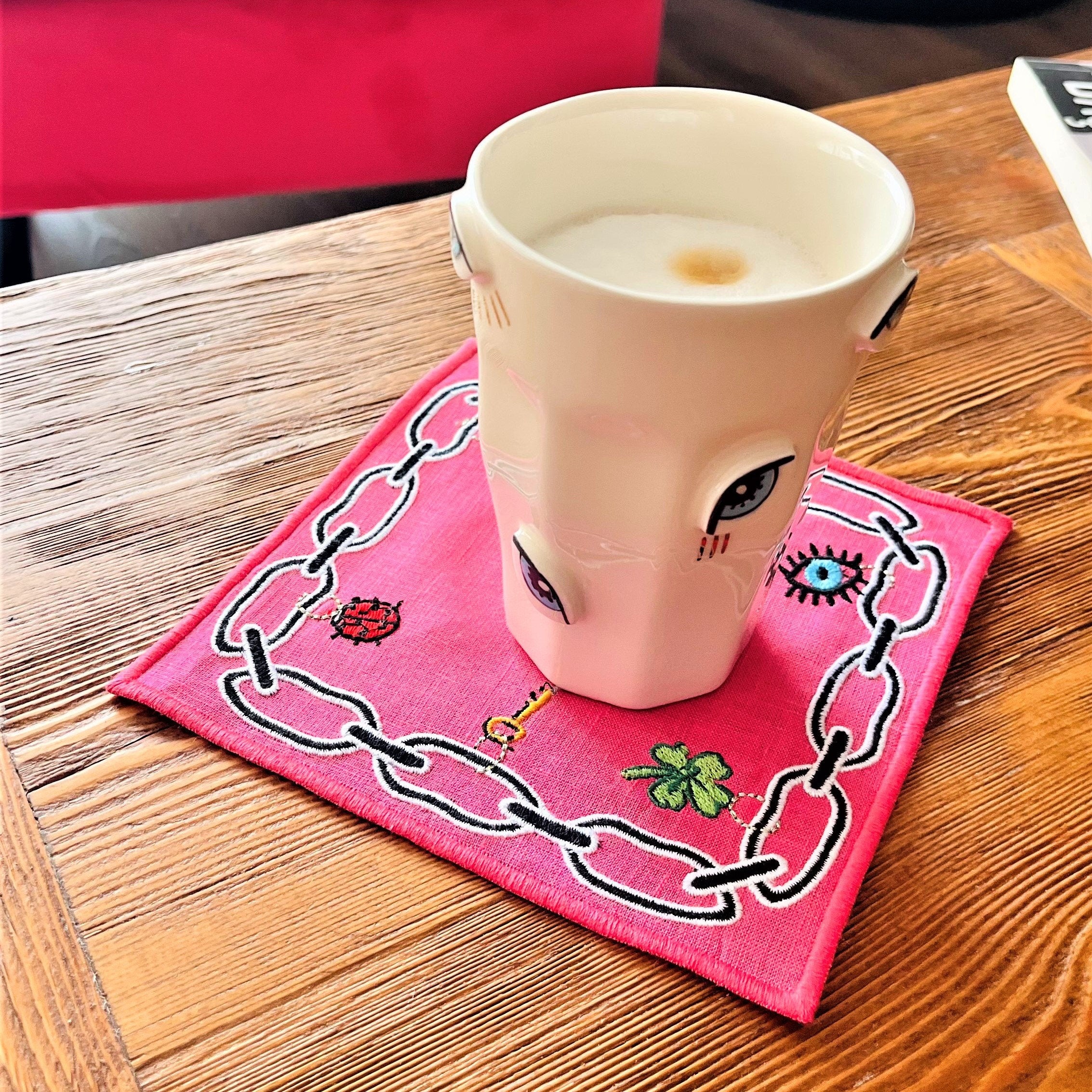 Lucky Charm Patterned Coffee Decor - Pink Linen Cloth Napkin