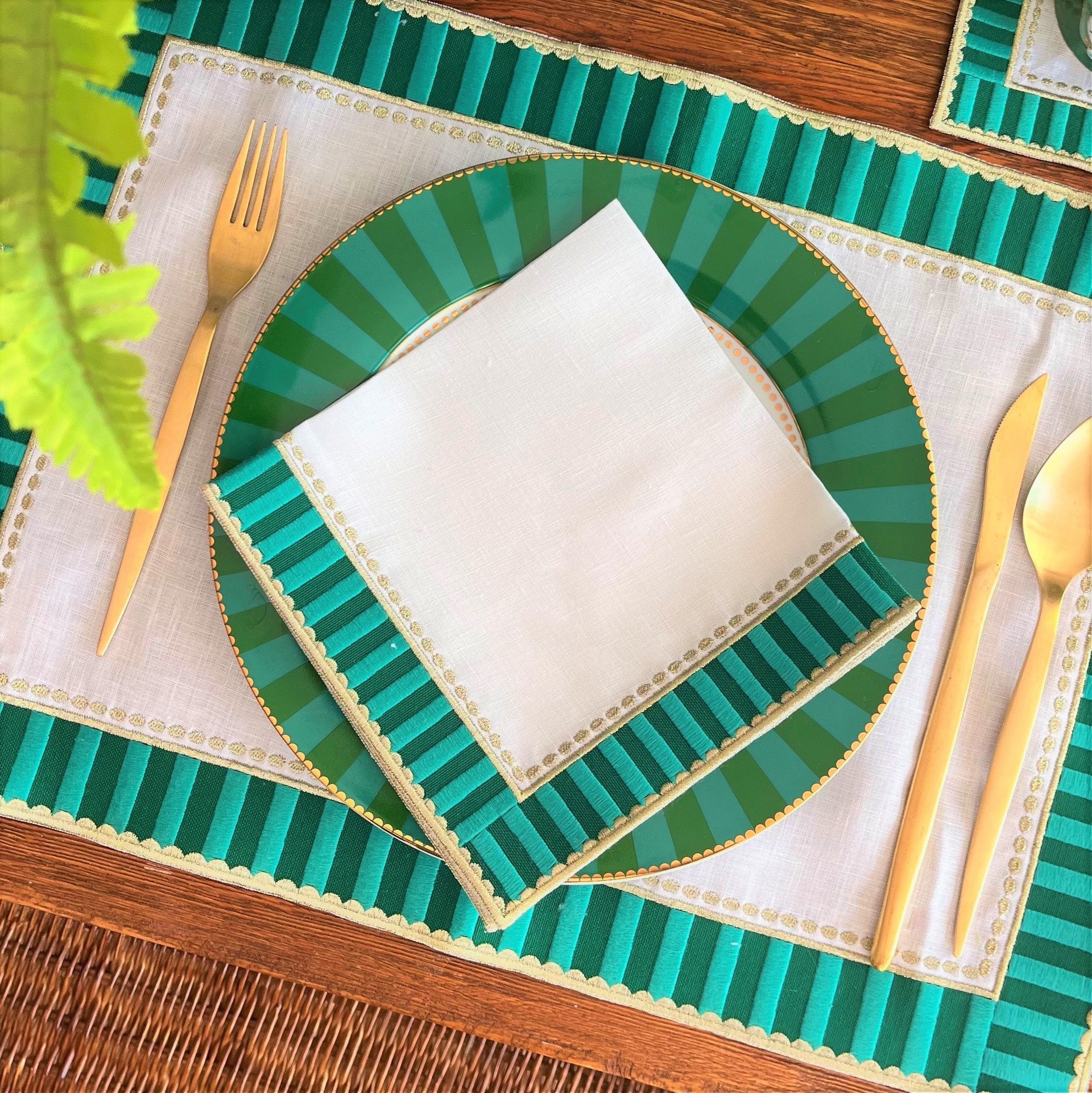 Candy Placemats - Green Checkered Decorative Placemat Set of 4, 6, 8 - Checker Pattern Linen Table Napkins - Gold Detailed Dining Napkins