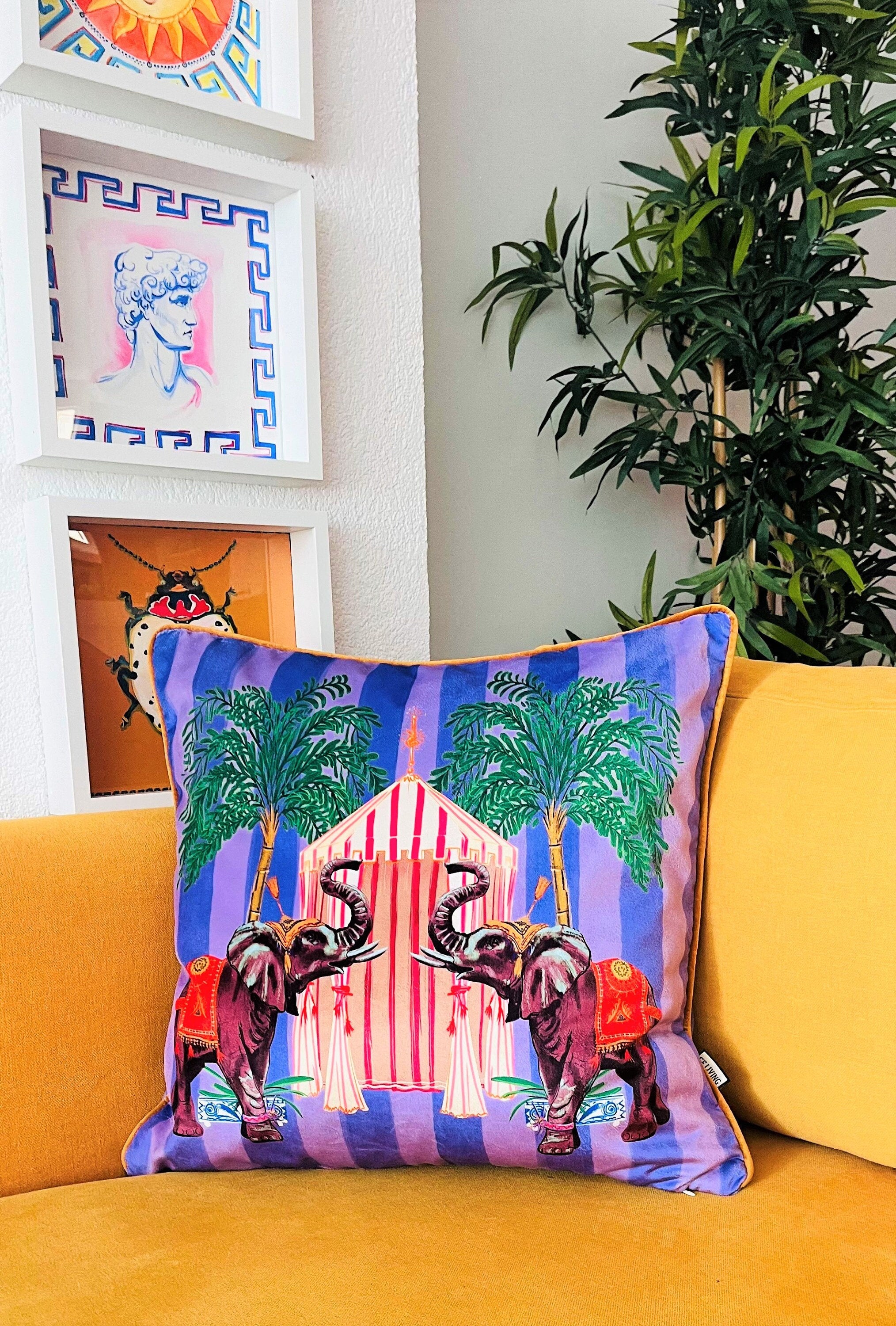 Elephant Pattern Throw Pillow Cover - Purple Velvet Pillow Case - Yellow Cording Cushion - Feng Shui Home Decor - Animal Print Pillow