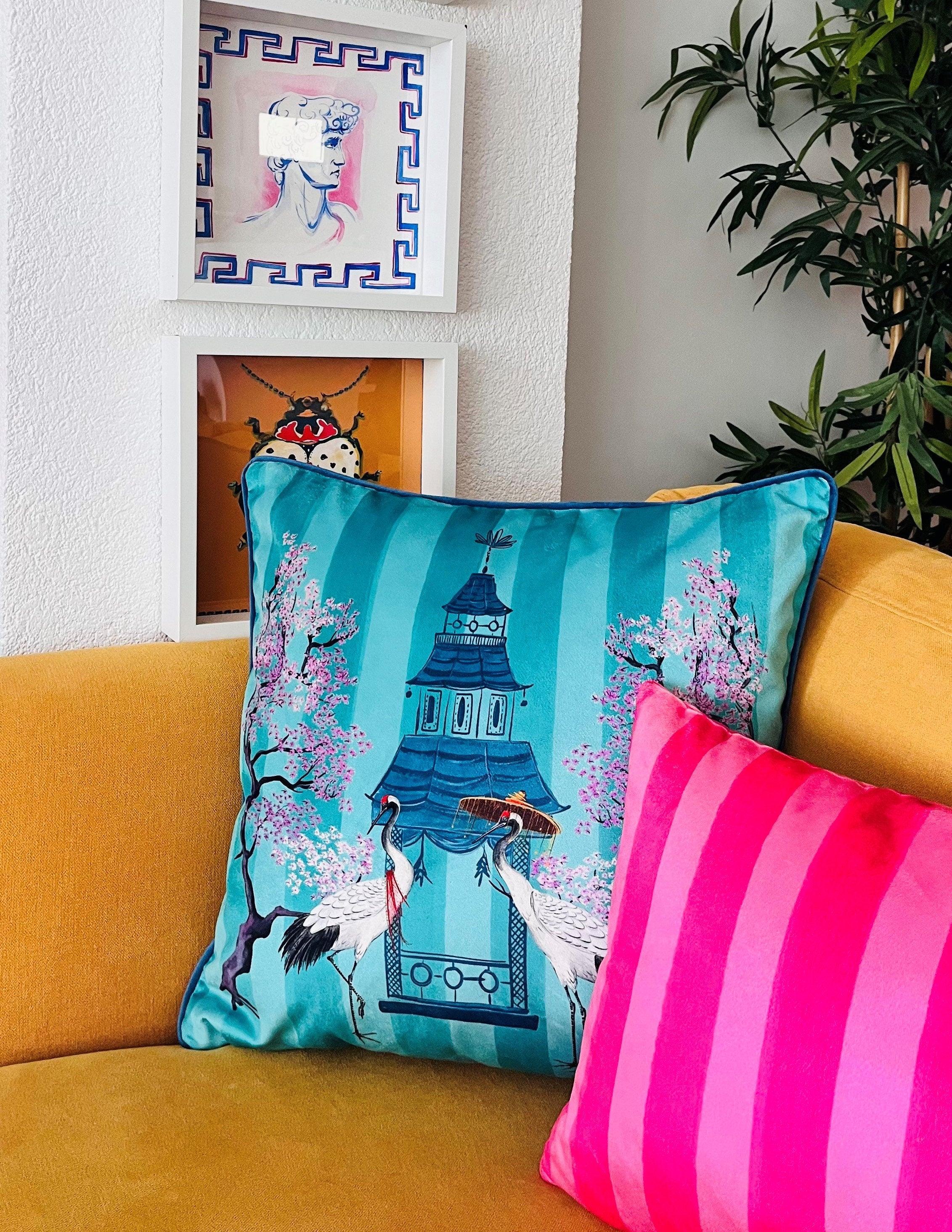 Japaese Crane Pattern Throw Pillow Cover - Turquoise Velvet Pillow Case - Blue Cording Cushion - Feng Shui Home Decor - Animal Print Pillow