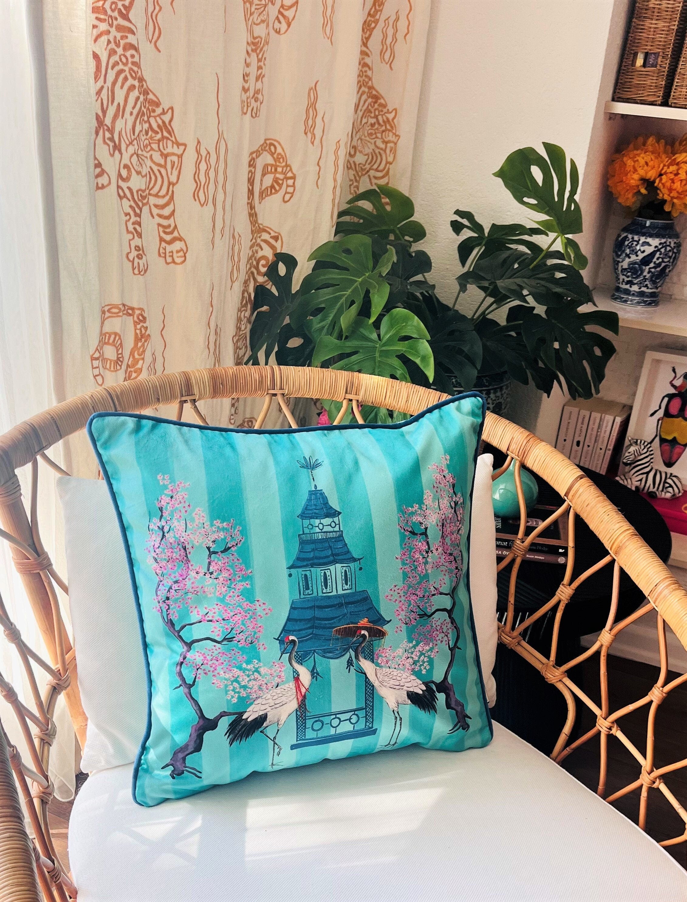 Japaese Crane Pattern Throw Pillow Cover - Turquoise Velvet Pillow Case - Blue Cording Cushion - Feng Shui Home Decor - Animal Print Pillow