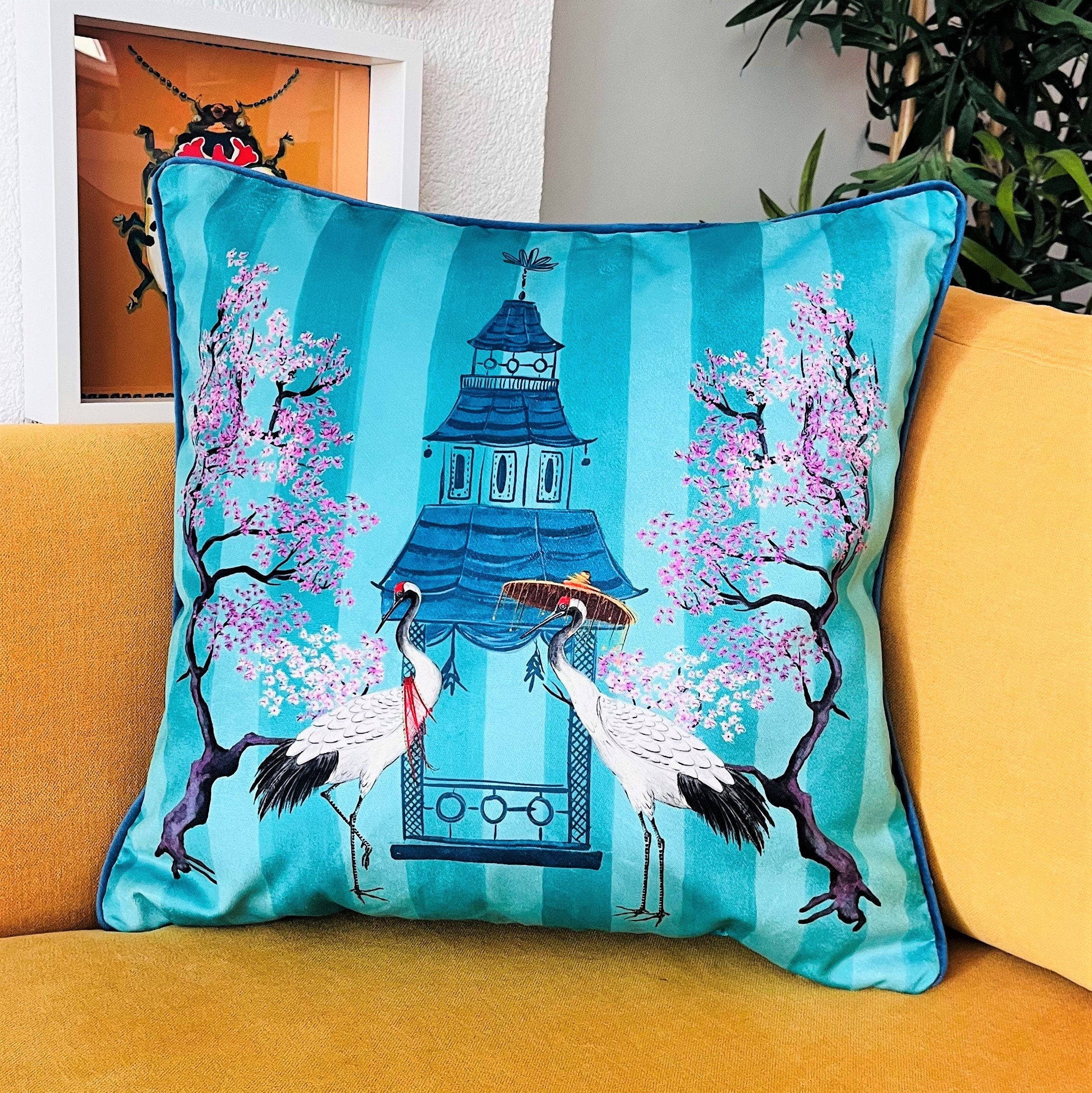 Japaese Crane Pattern Throw Pillow Cover - Turquoise Velvet Pillow Case - Blue Cording Cushion - Feng Shui Home Decor - Animal Print Pillow