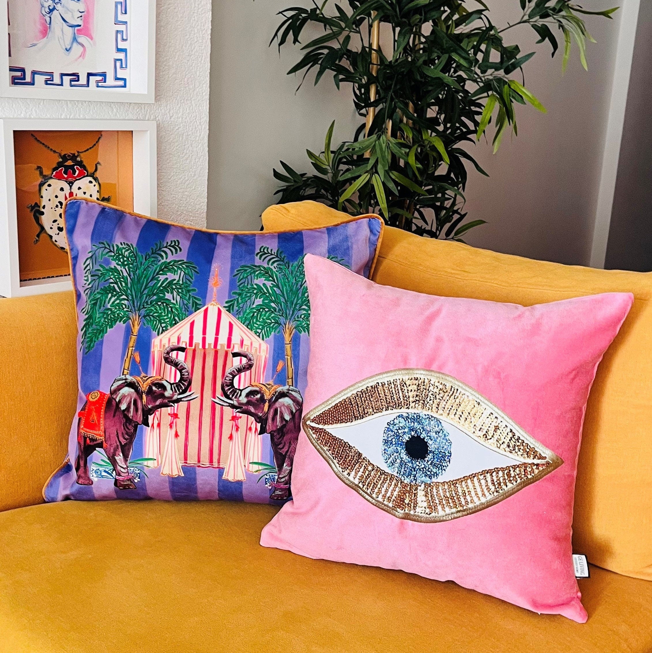 Luxurious Pink Velvet Cushion Cover – Eye Motif for Chic Home Decor