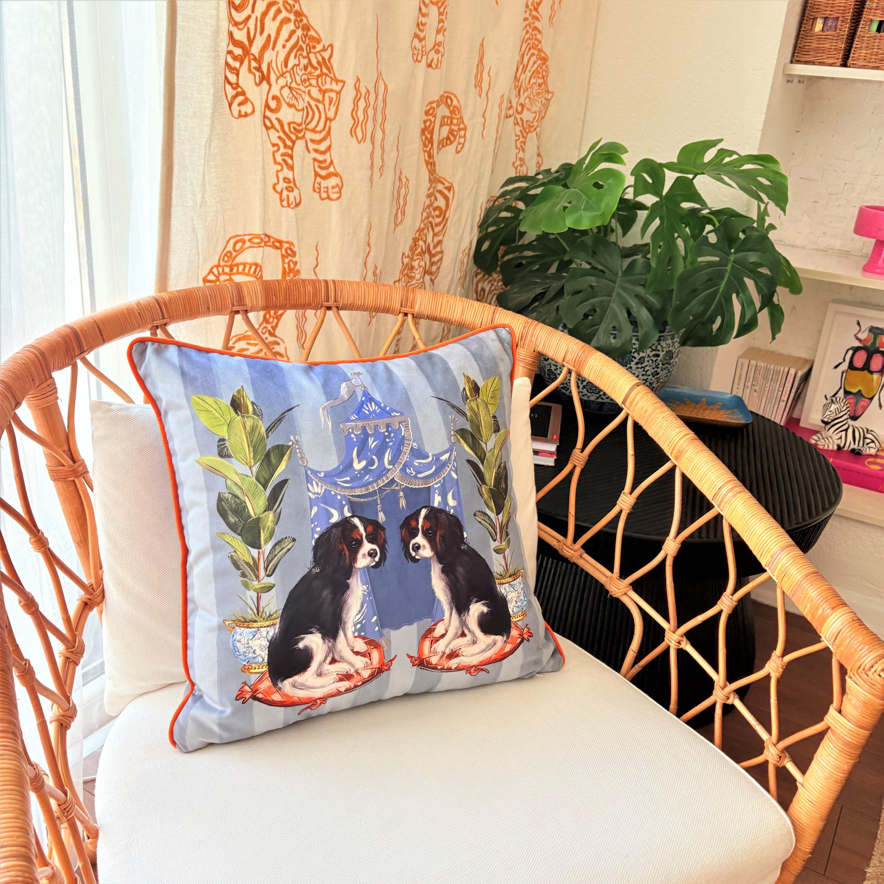 King Charles Dog Pattern Throw Pillow Cover - Grey Velvet Pillow Case - Orange Cording Cushion - Unique Home Decor - Animal Print Pillow