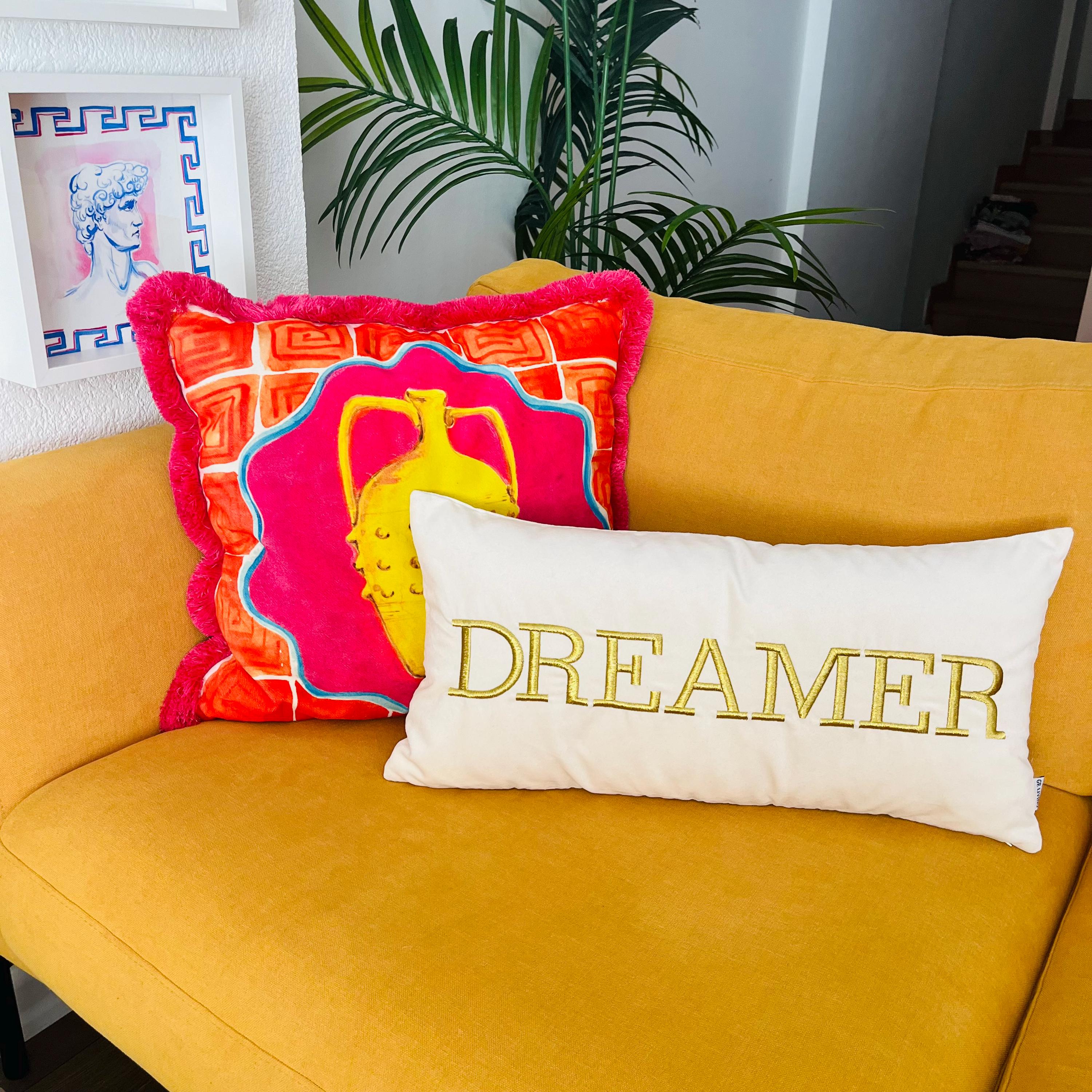 Dreamer Pattern Throw Pillow Cover - Decorative Gold Embroidered Cushion Case