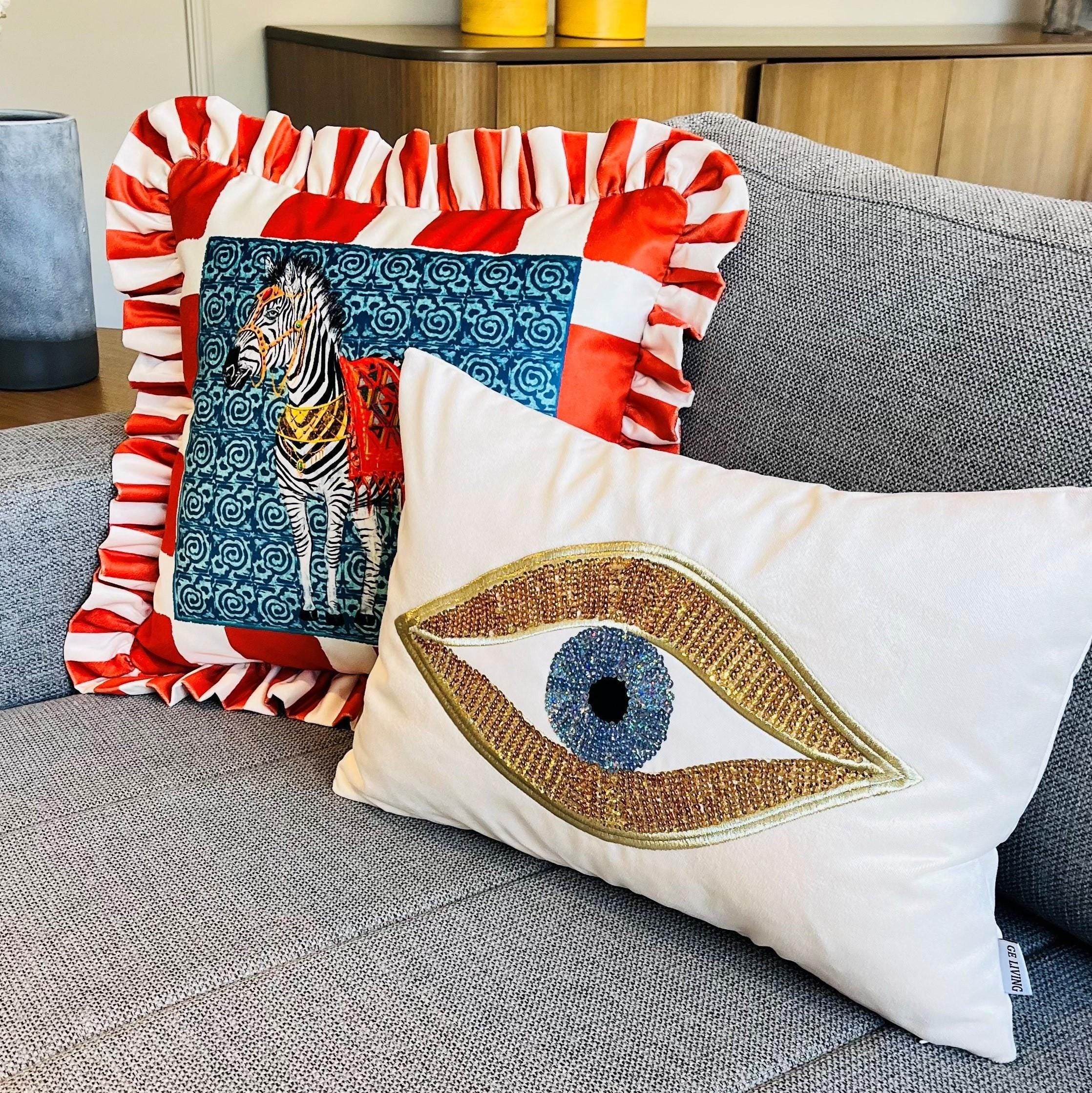 Evil Eye Throw Pillow For Couch - Cream Velvet Cushion Cover - Gold Sequin Evil Eye Pattern - Protection against Beady Eyes