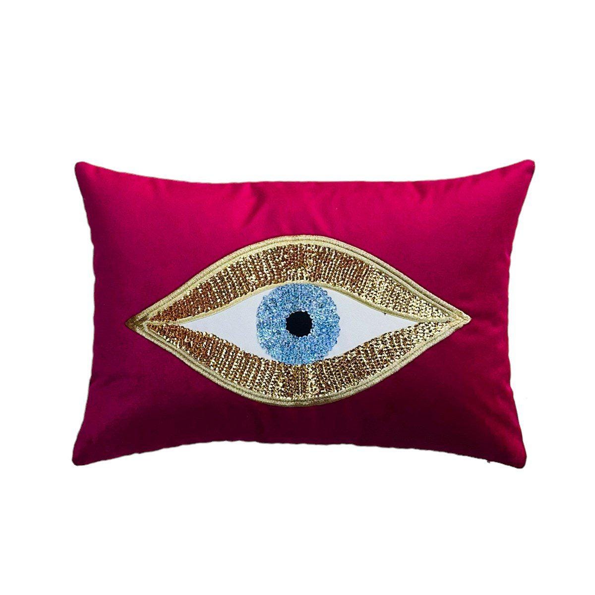 Evil Eye Throw Pillow For Couch - Purple Velvet Cushion Cover - Gold Sequin Evil Eye Pattern - Protection against Beady Eyes