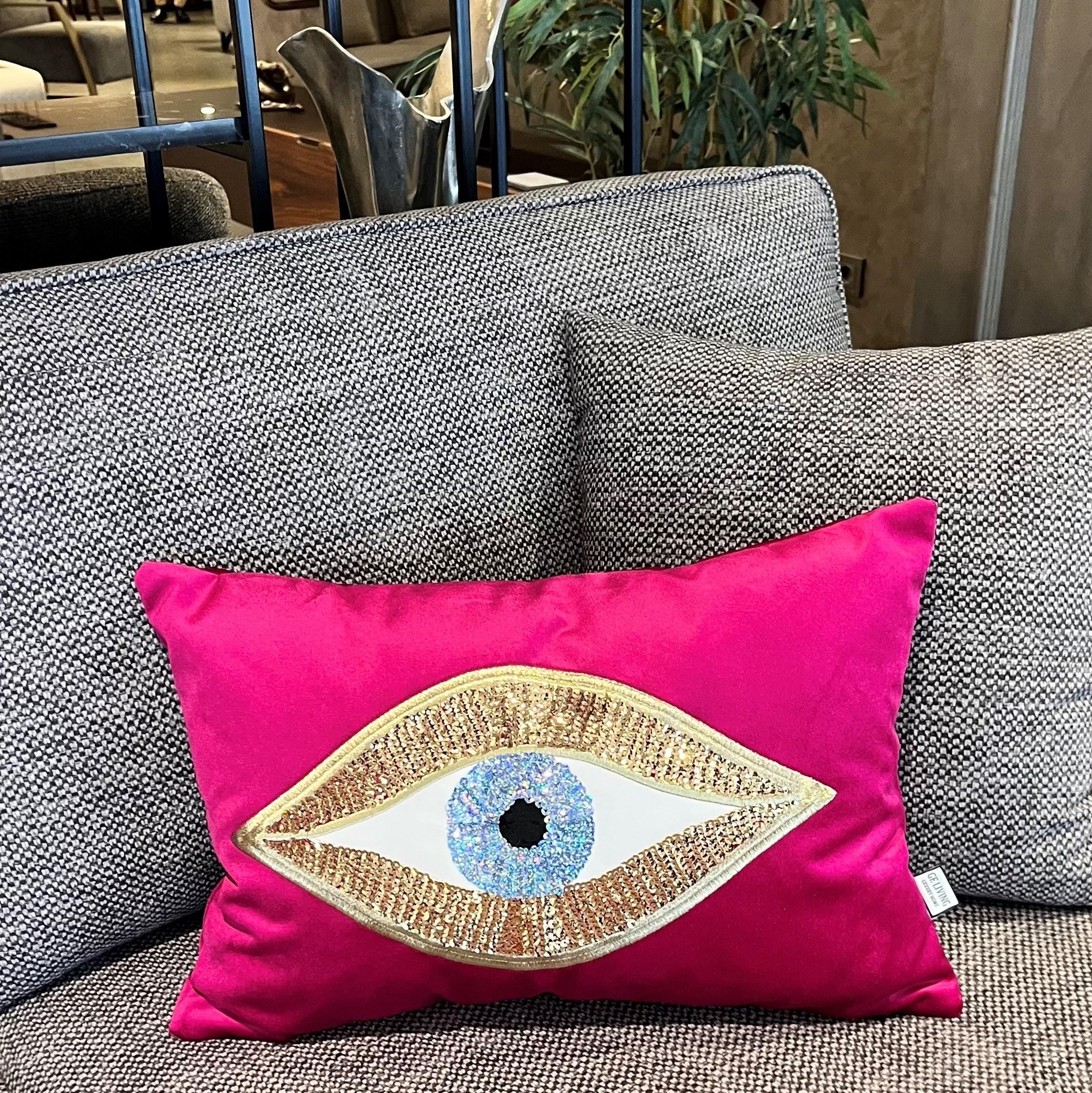 Evil Eye Throw Pillow For Couch - Purple Velvet Cushion Cover - Gold Sequin Evil Eye Pattern - Protection against Beady Eyes