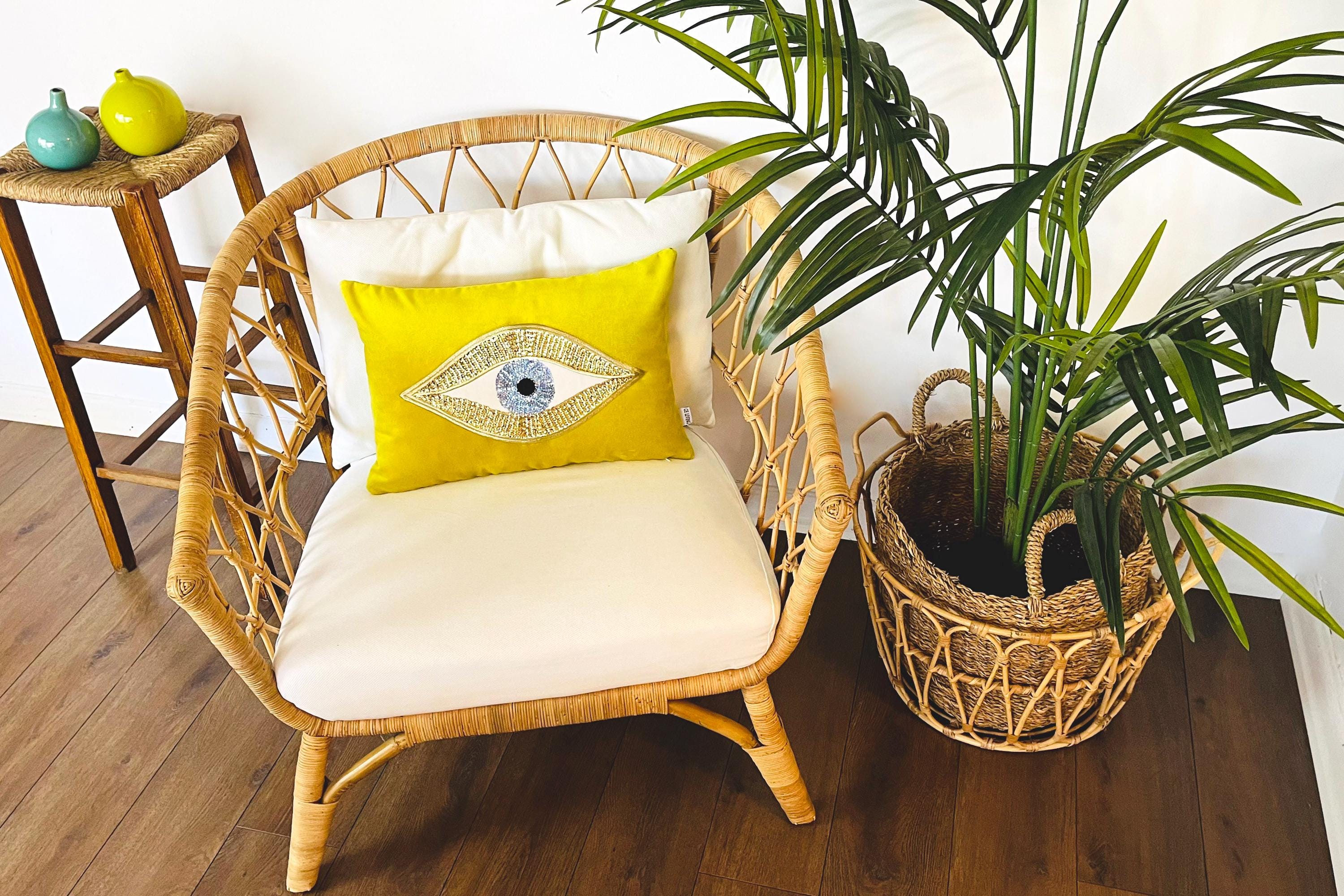 Evil Eye Throw Pillow For Couch - Pistachio Green Velvet Cushion Cover - Gold Sequin Evil Eye Pattern - Protection against Beady Eyes