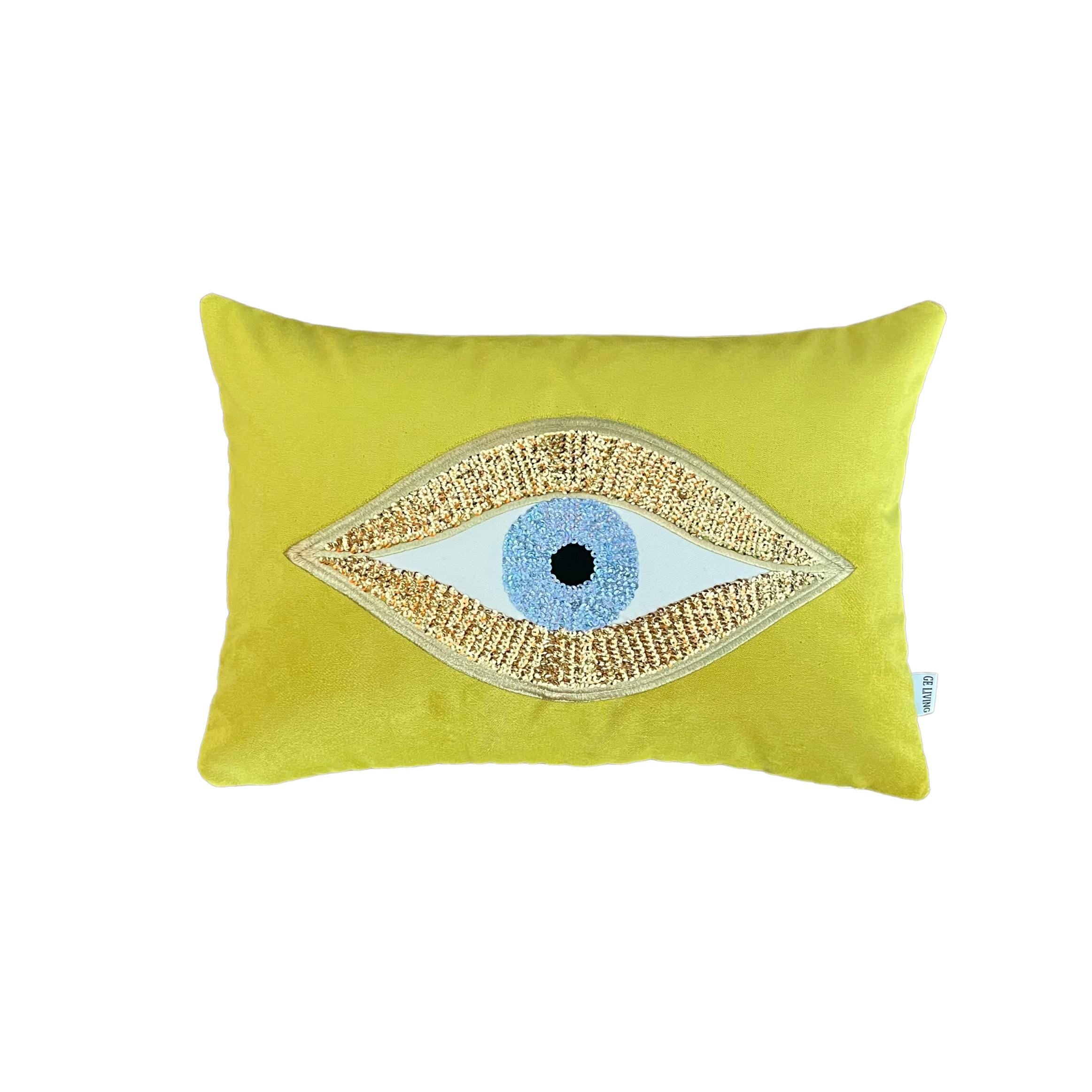 Evil Eye Throw Pillow For Couch - Pistachio Green Velvet Cushion Cover - Gold Sequin Evil Eye Pattern - Protection against Beady Eyes