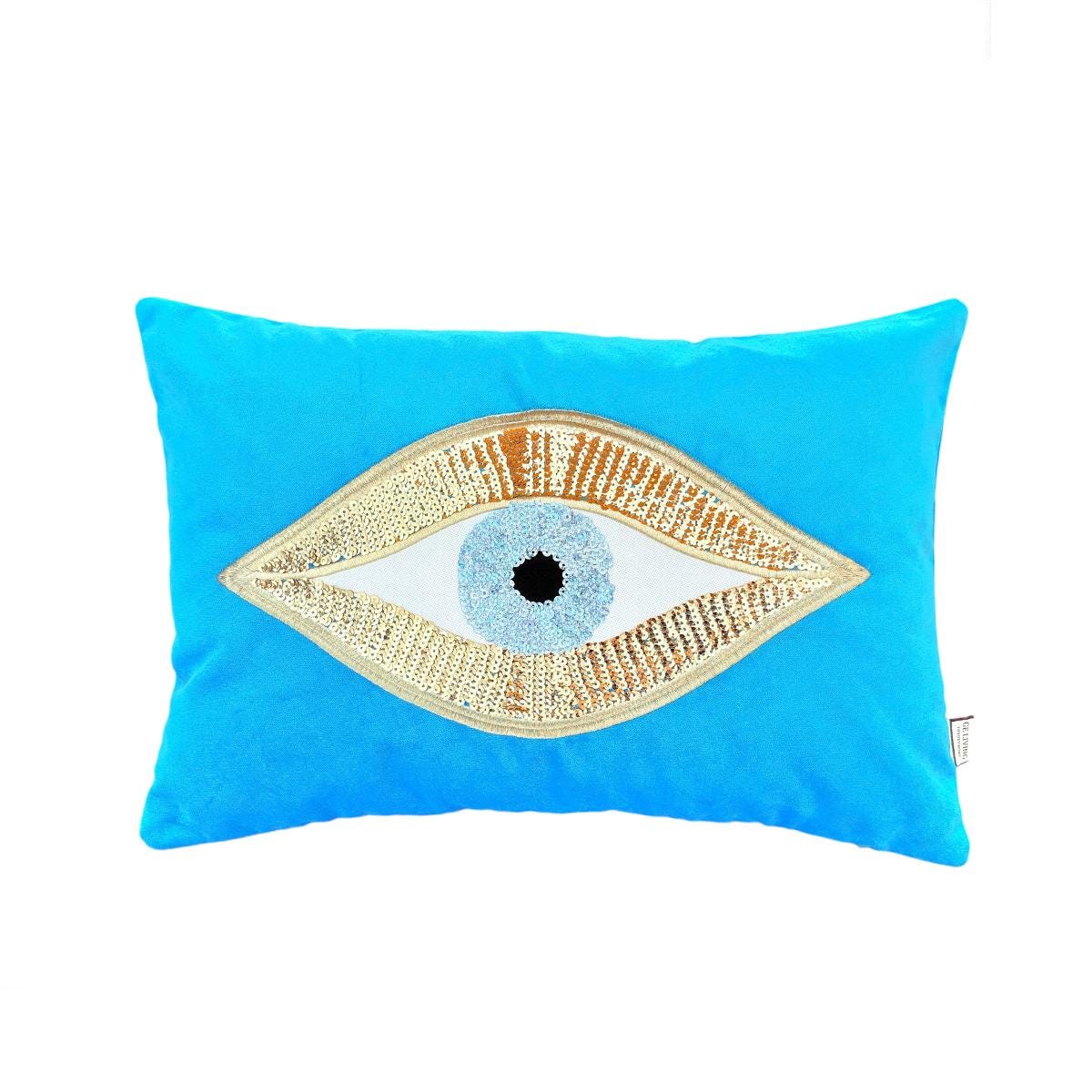 Evil EyeThrow Pillow For Couch - Aqua Blue Velvet Cushion Cover - Gold Sequin Evil Eye Pattern - Protection against Beady Eyes