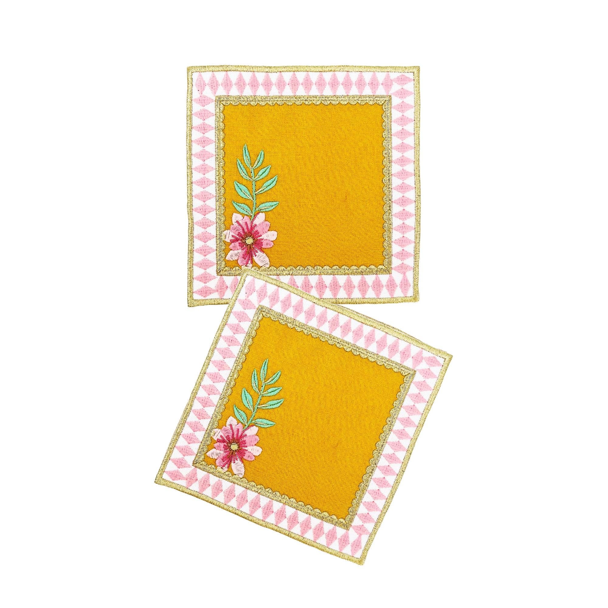 Party Napkins - Gold Embroidered Checkered Cocktail Napkin Set of 2