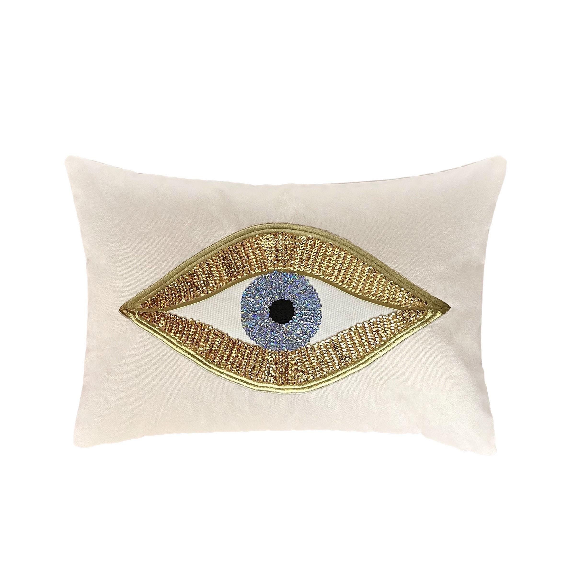 Evil Eye Throw Pillow For Couch - Cream Velvet Cushion Cover - Gold Sequin Evil Eye Pattern - Protection against Beady Eyes