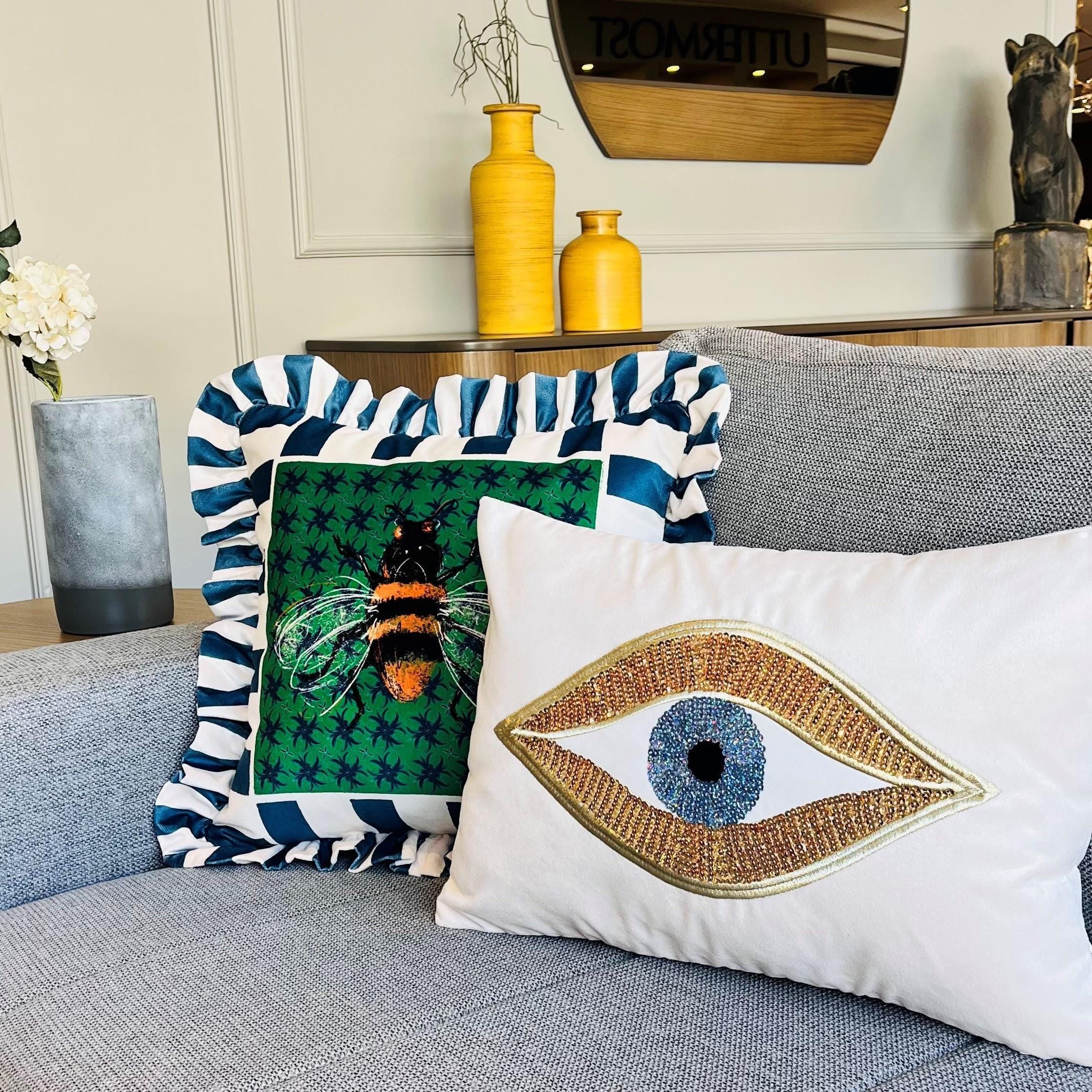 Evil Eye Throw Pillow For Couch - Cream Velvet Cushion Cover - Gold Sequin Evil Eye Pattern - Protection against Beady Eyes