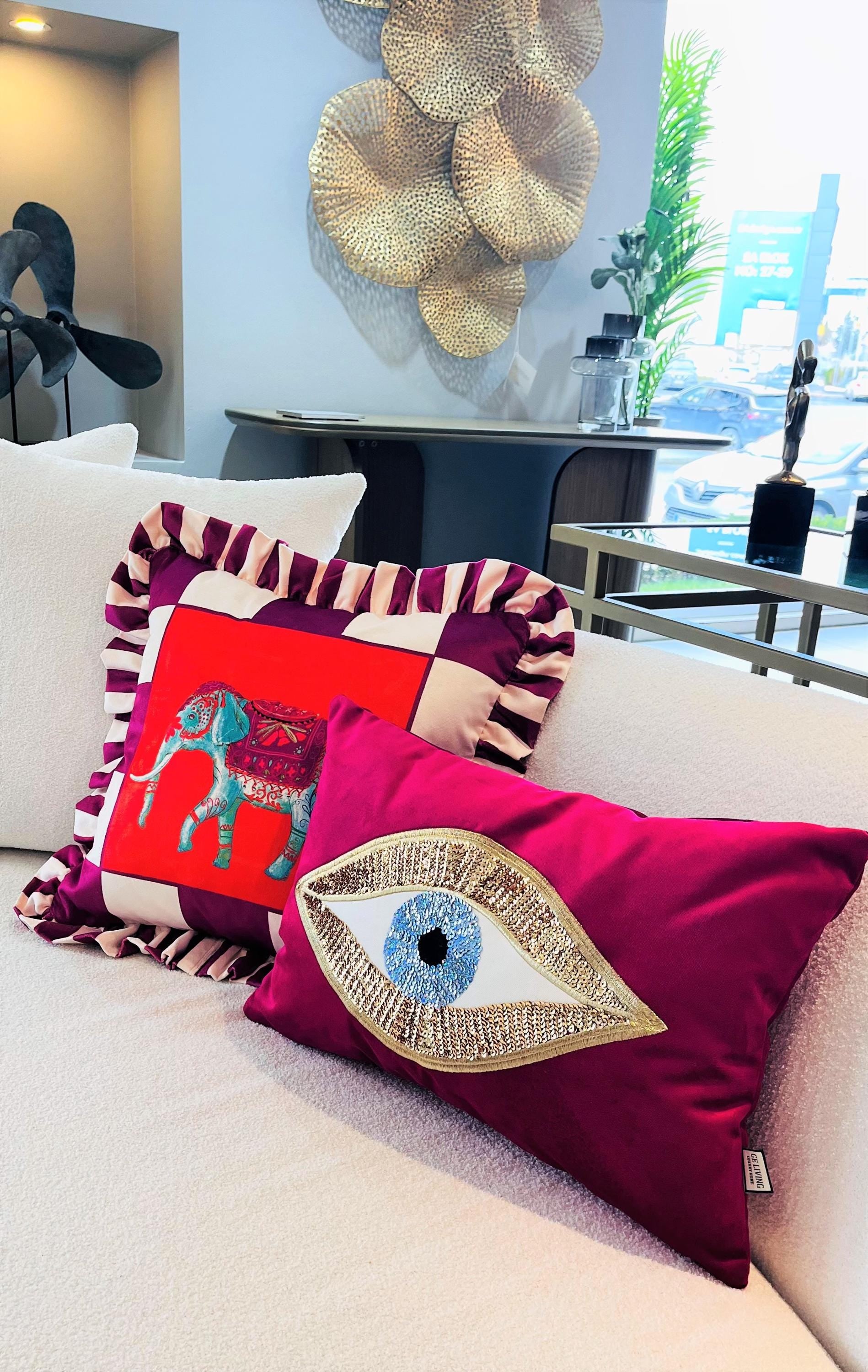 Evil Eye Throw Pillow For Couch - Purple Velvet Cushion Cover - Gold Sequin Evil Eye Pattern - Protection against Beady Eyes