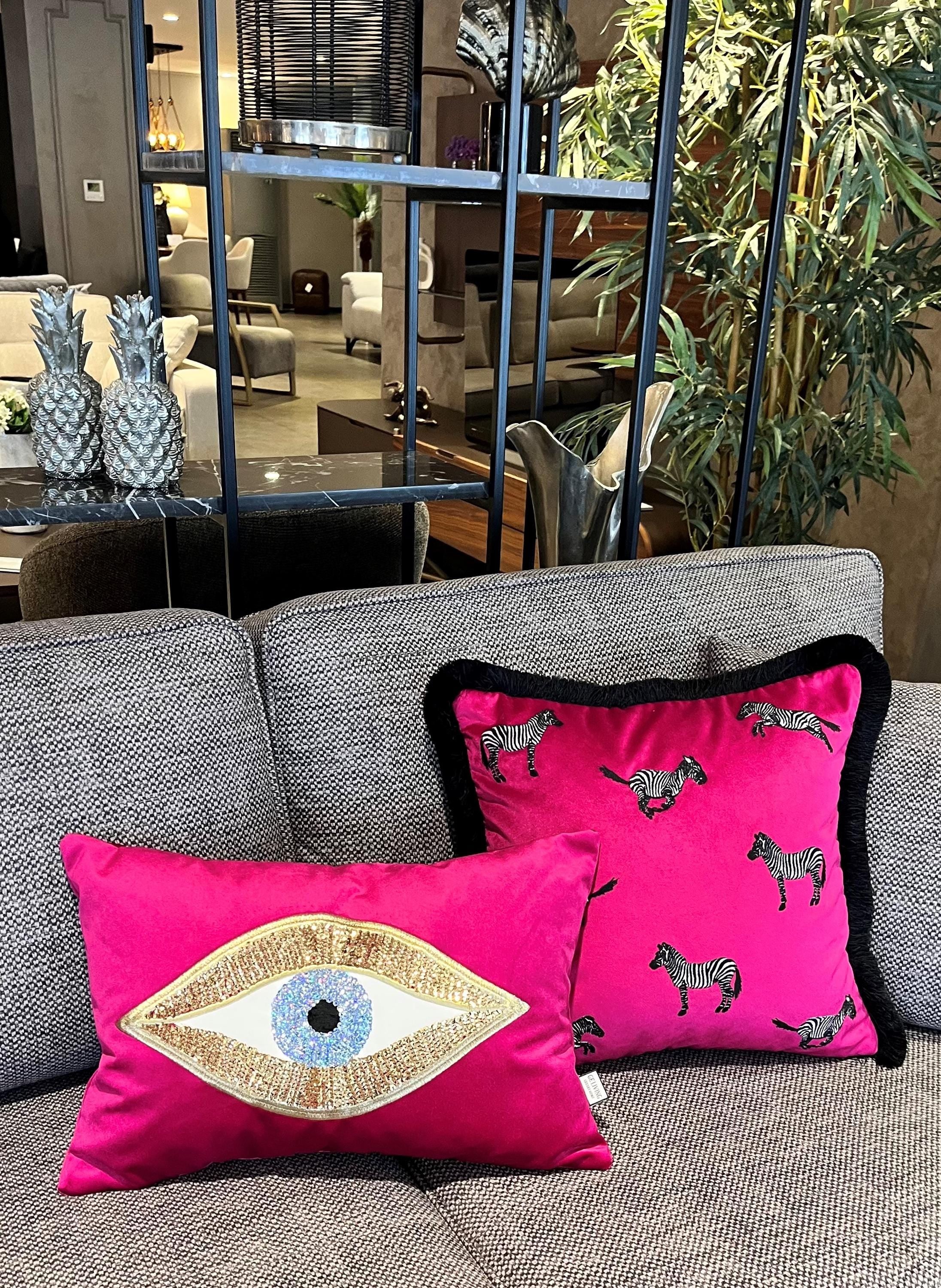 Evil Eye Throw Pillow For Couch - Purple Velvet Cushion Cover - Gold Sequin Evil Eye Pattern - Protection against Beady Eyes