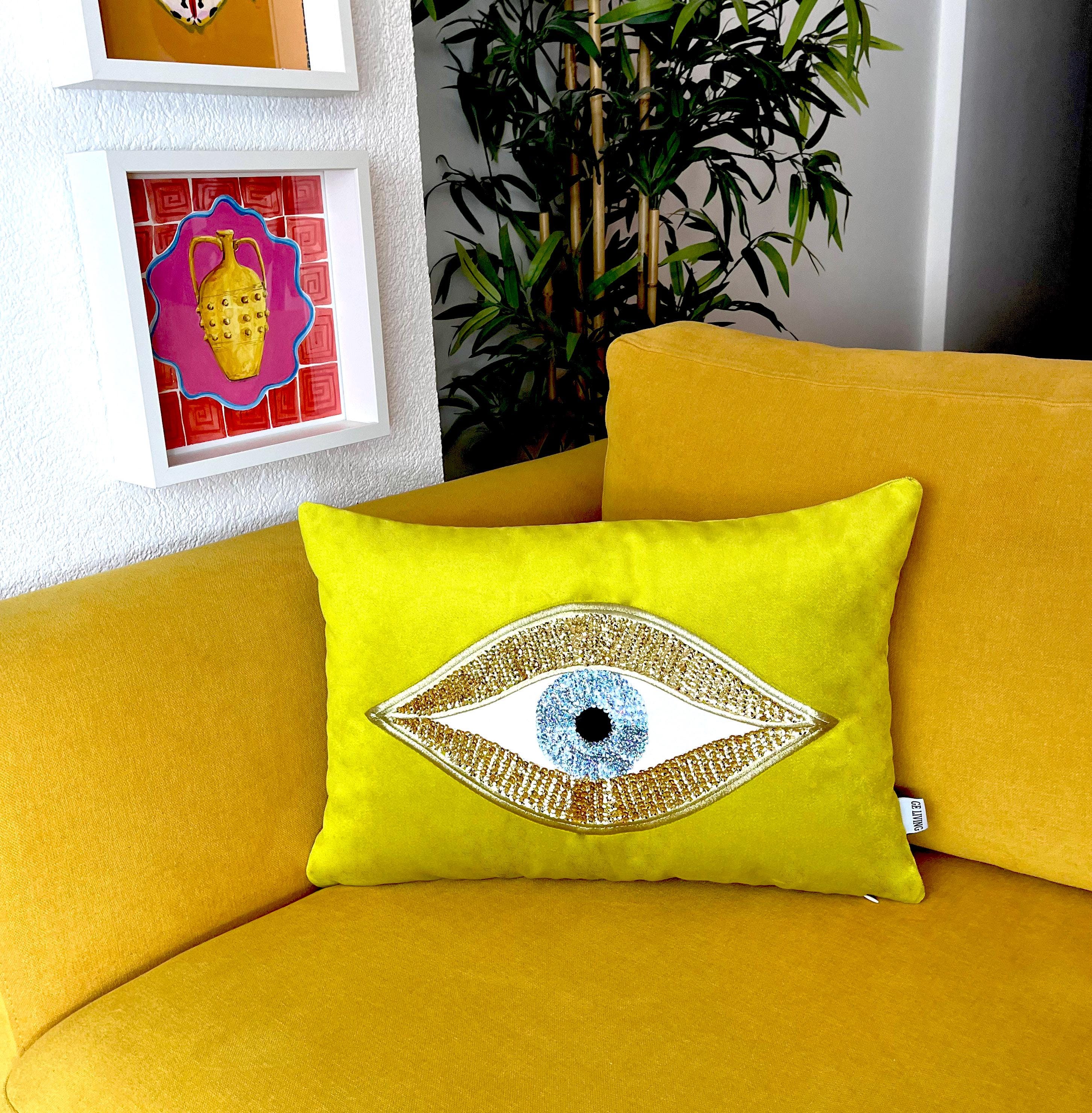 Evil Eye Throw Pillow For Couch - Pistachio Green Velvet Cushion Cover - Gold Sequin Evil Eye Pattern - Protection against Beady Eyes