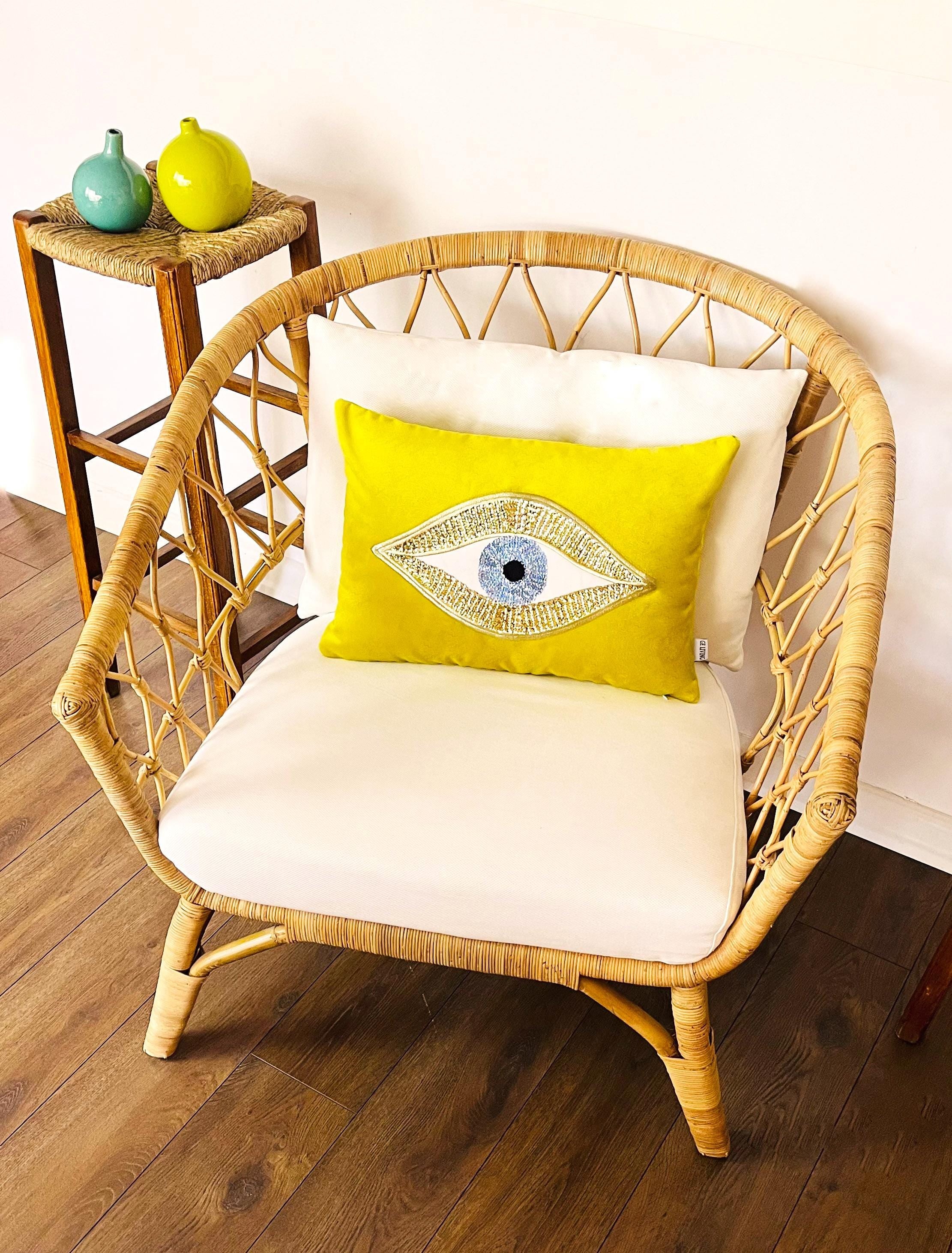 Evil Eye Throw Pillow For Couch - Pistachio Green Velvet Cushion Cover - Gold Sequin Evil Eye Pattern - Protection against Beady Eyes