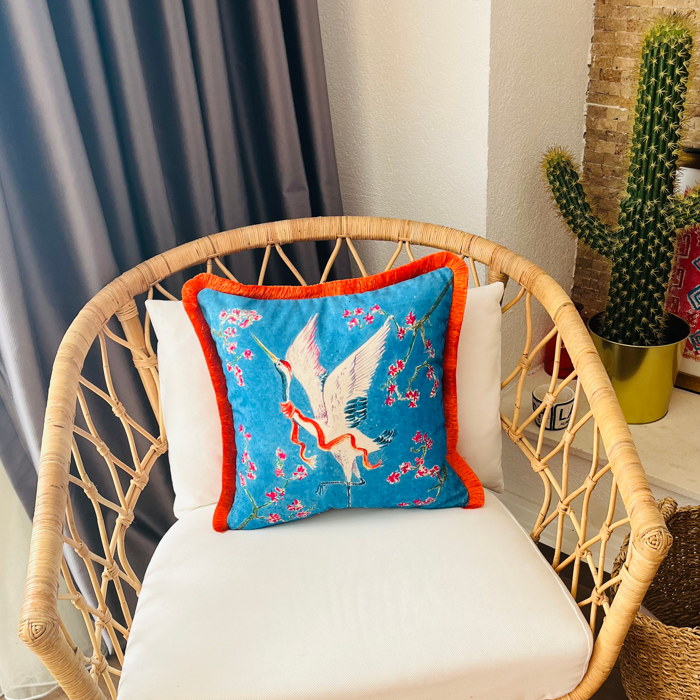 Japanese Crane Pattern Pillow Cover | Blue Velvet Throw Pillow | Feng Shui Symbol of Blessing