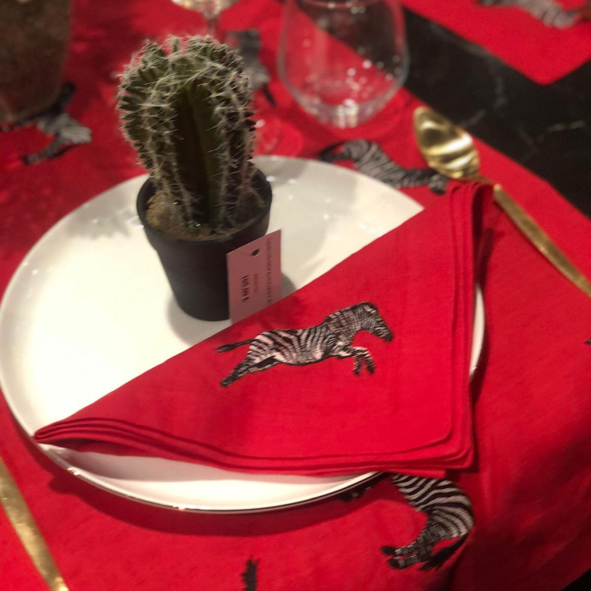 Zebra Pattern Linen Dinner Napkins – Red Linen Cloth Napkin Set of 2