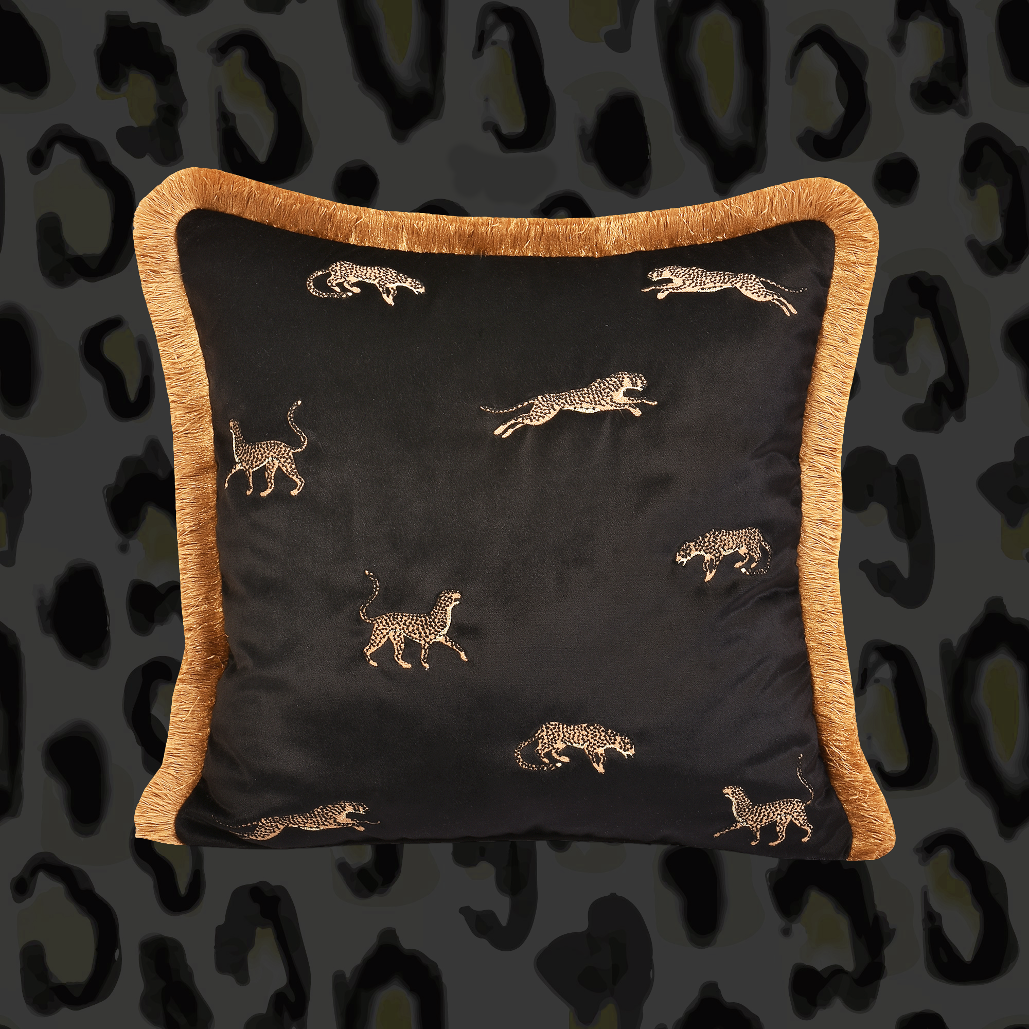 Leopard Patterned Pillow Case | Black Velvet Pillow Cover | Gold Fringed Throw Pillow | Velvet Cushion Cover | Cheetah Pattern Sham