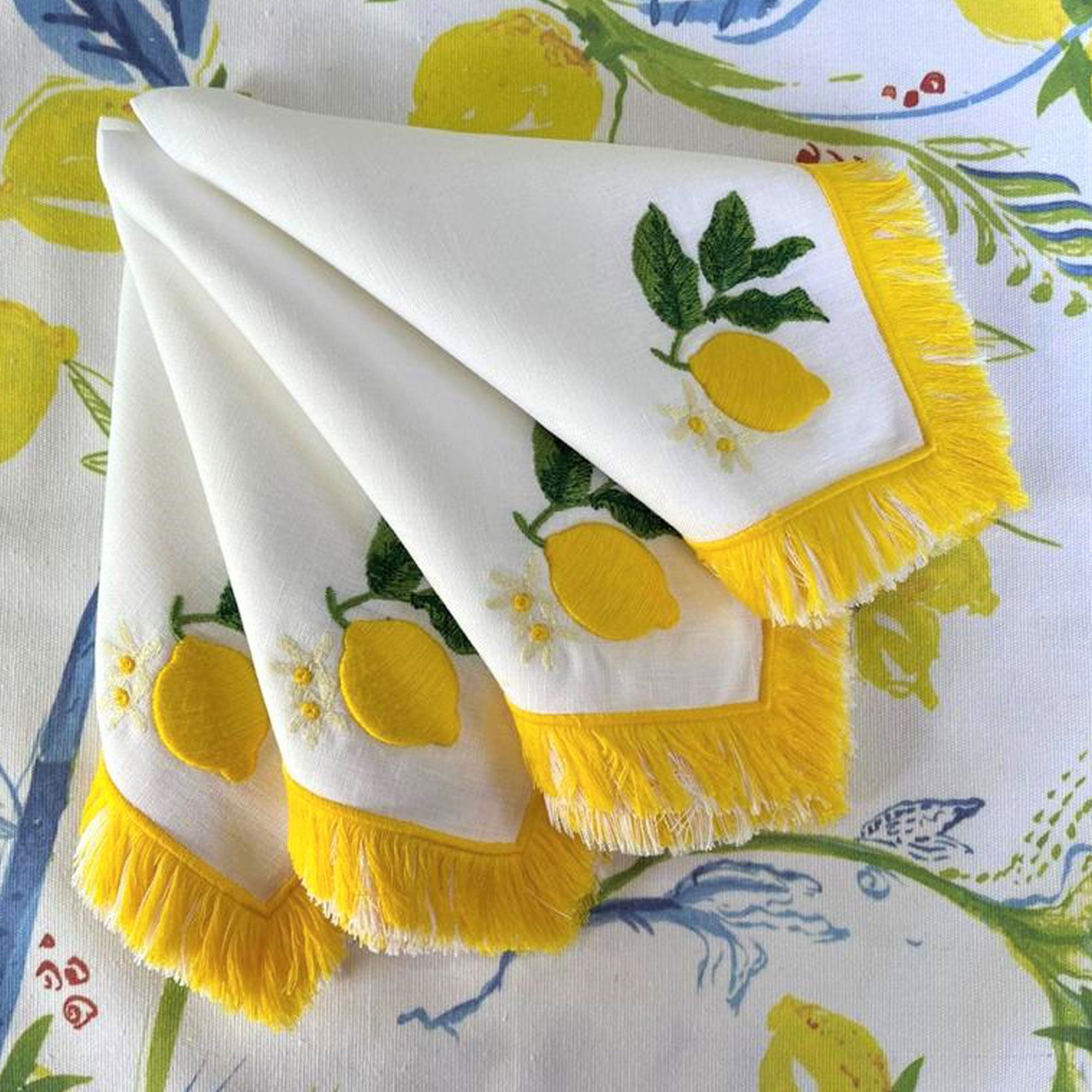 Lemon Pattern Linen Napkins | Handmade Tassels | 100% Linen Napkin Set