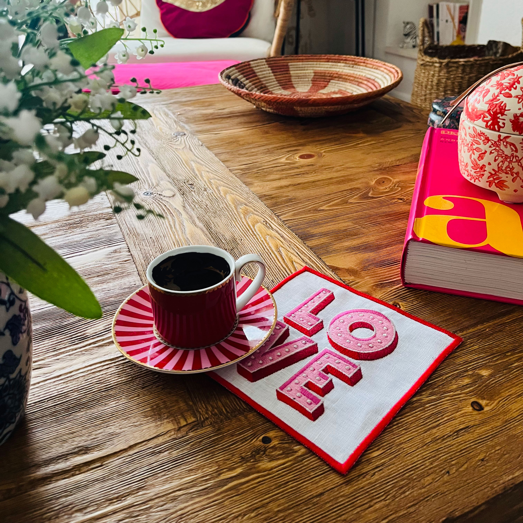 LOVE Embroidered Pink Linen Cocktail Napkins | Romantic Hostess Gift | Valentine's Day or Engagement Party Decor