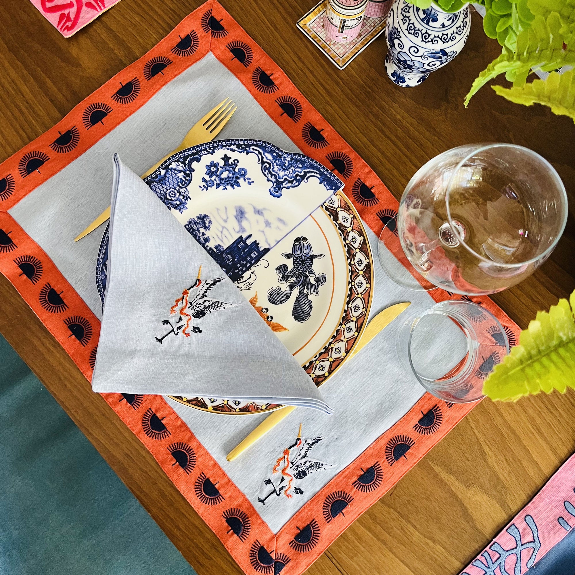 Animal Print Dinner Napkins - Japanese Crane Pattern  Blue Linen Napkin Set of 2, 4, 6