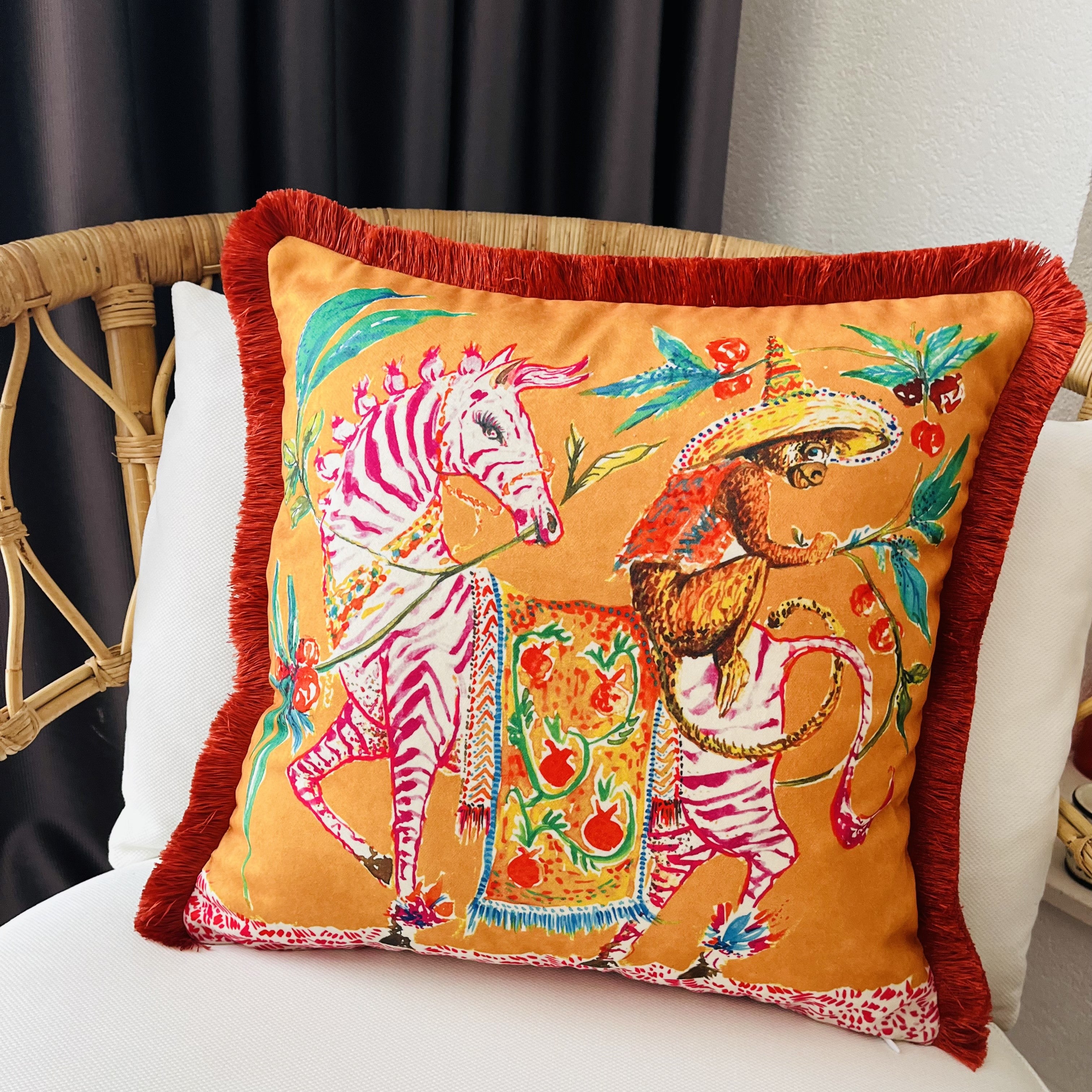 Pink Zebra & Monkey Pattern Pillow Cover | Orange Velvet Animal Print Cushion | Brick Red Tassel Decor | Symbol of Blessing