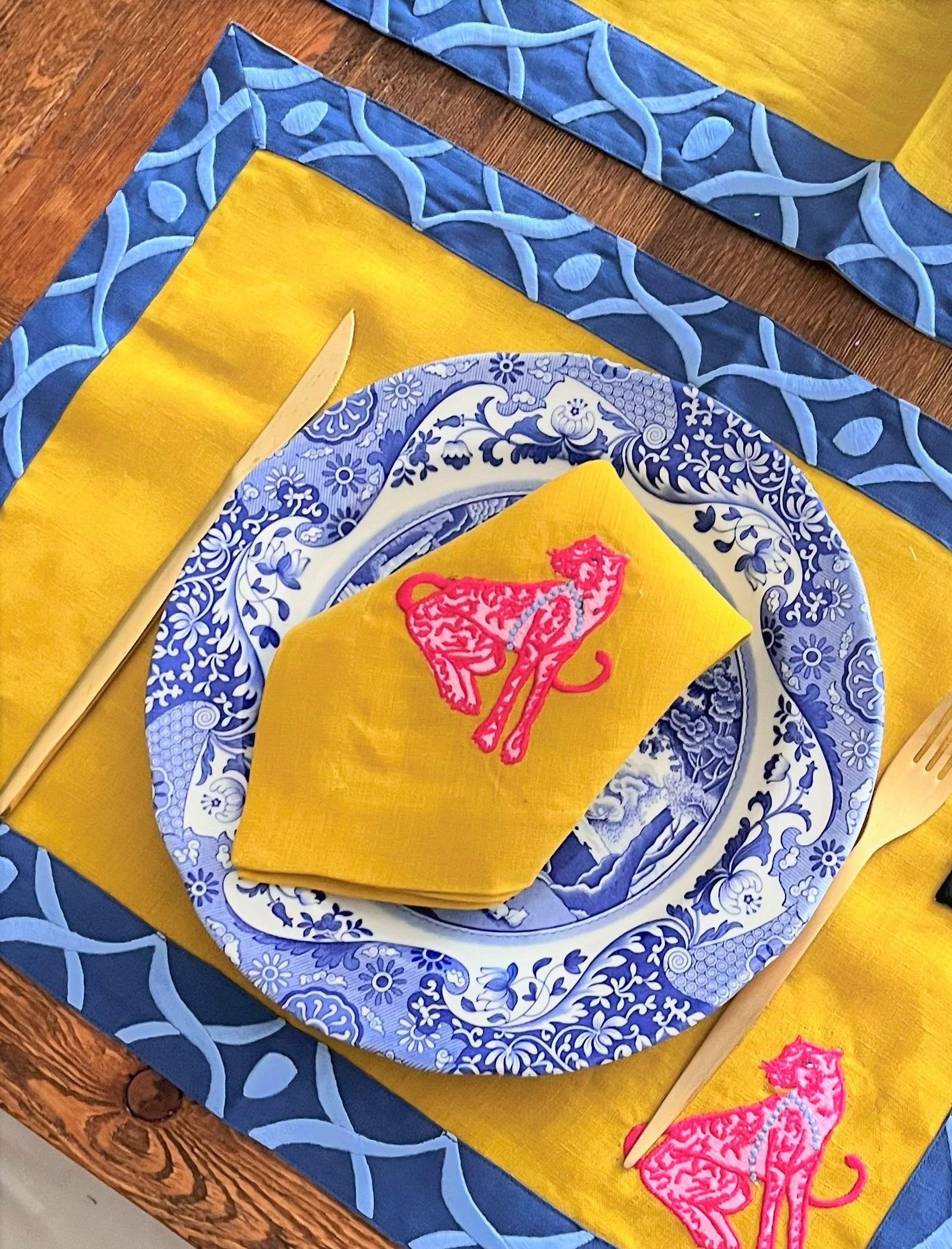 Pink Panther Dinner Napkins - Mustard Linen Napkin Set - Embroidered Animal Print Cloth Napkins