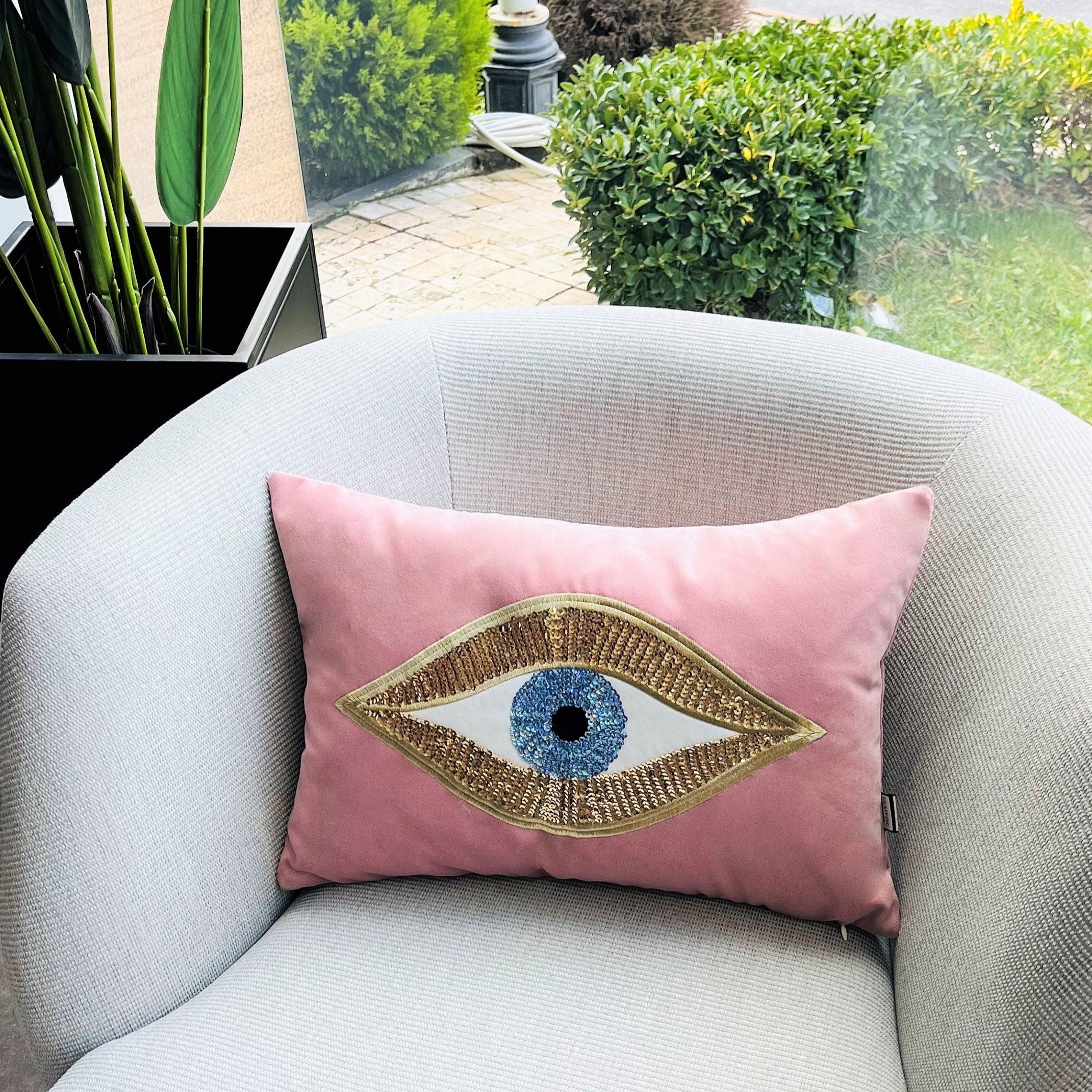 Pink Velvet Cushion Cover | Evil Eye Pattern Throw Pillow | Couch & Room Decor