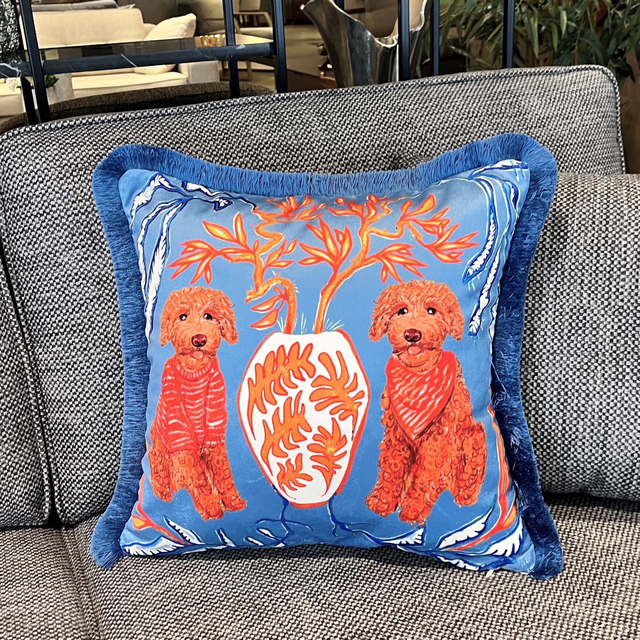 Poodle Pattern Pillow Cover | Brown Poodle Painting | Petrol Blue Tassel Animal Print Cushion