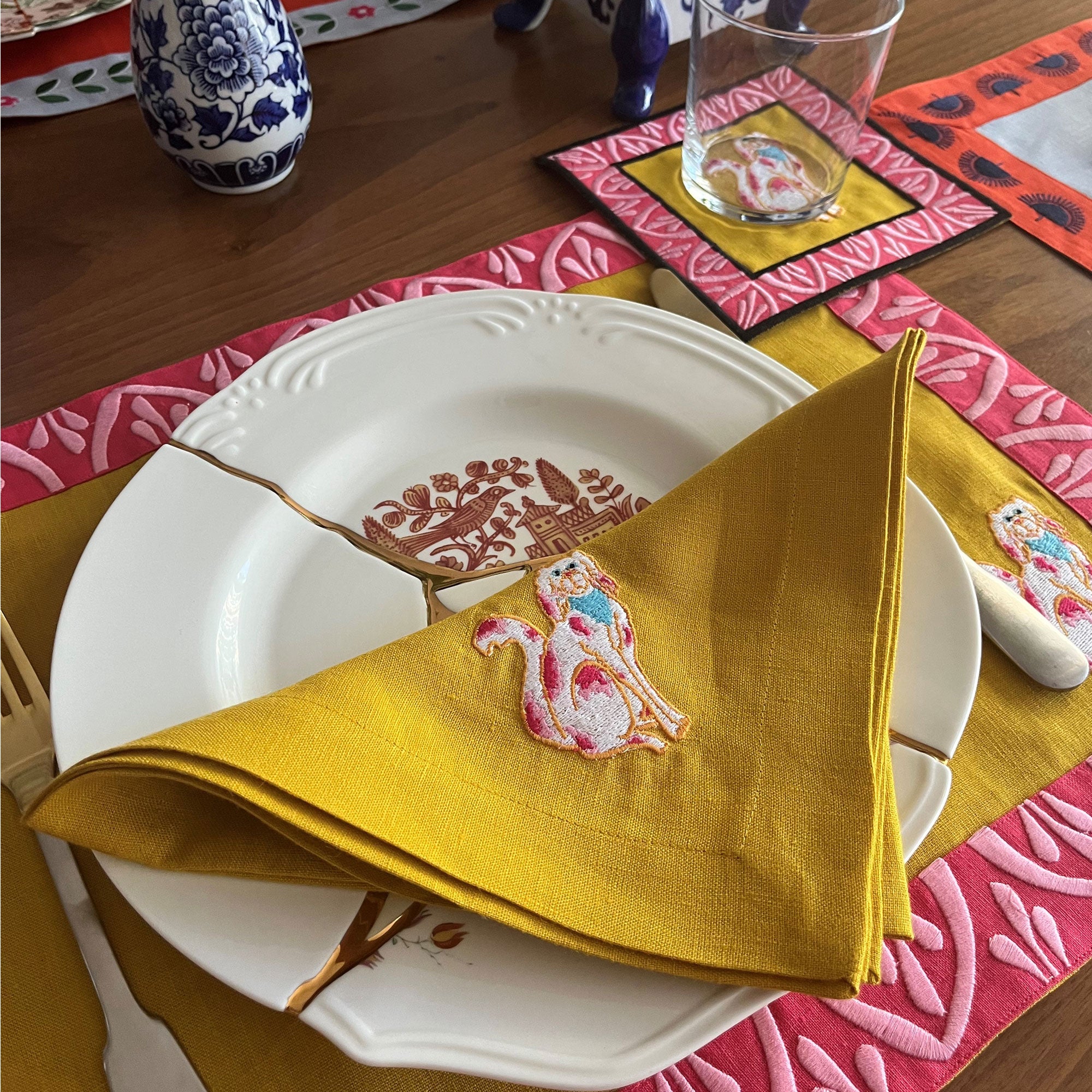 Decorative Animal Print Dinner Napkins - Dog Pattern Mustard Yellow Linen Napkin Set of 2, 4, 6