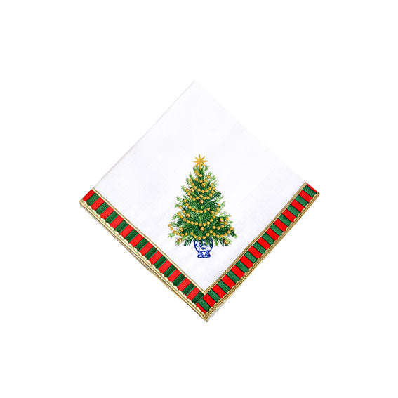 Christmas Tree Pattern Embroidered Napkin Set of 2 – Green & Red Checkered New Year Cloth Napkins