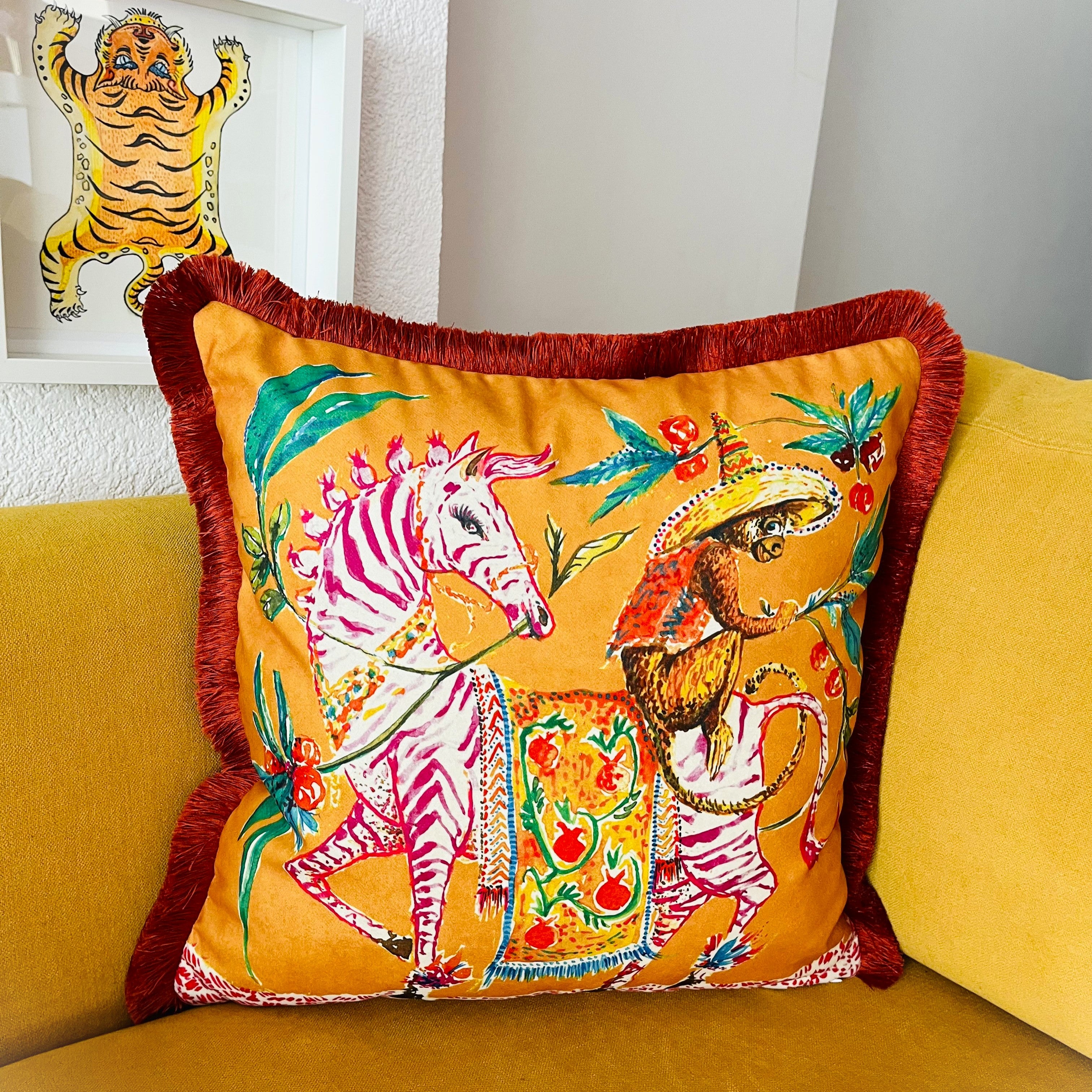 Pink Zebra & Monkey Pattern Pillow Cover | Orange Velvet Animal Print Cushion | Brick Red Tassel Decor | Symbol of Blessing