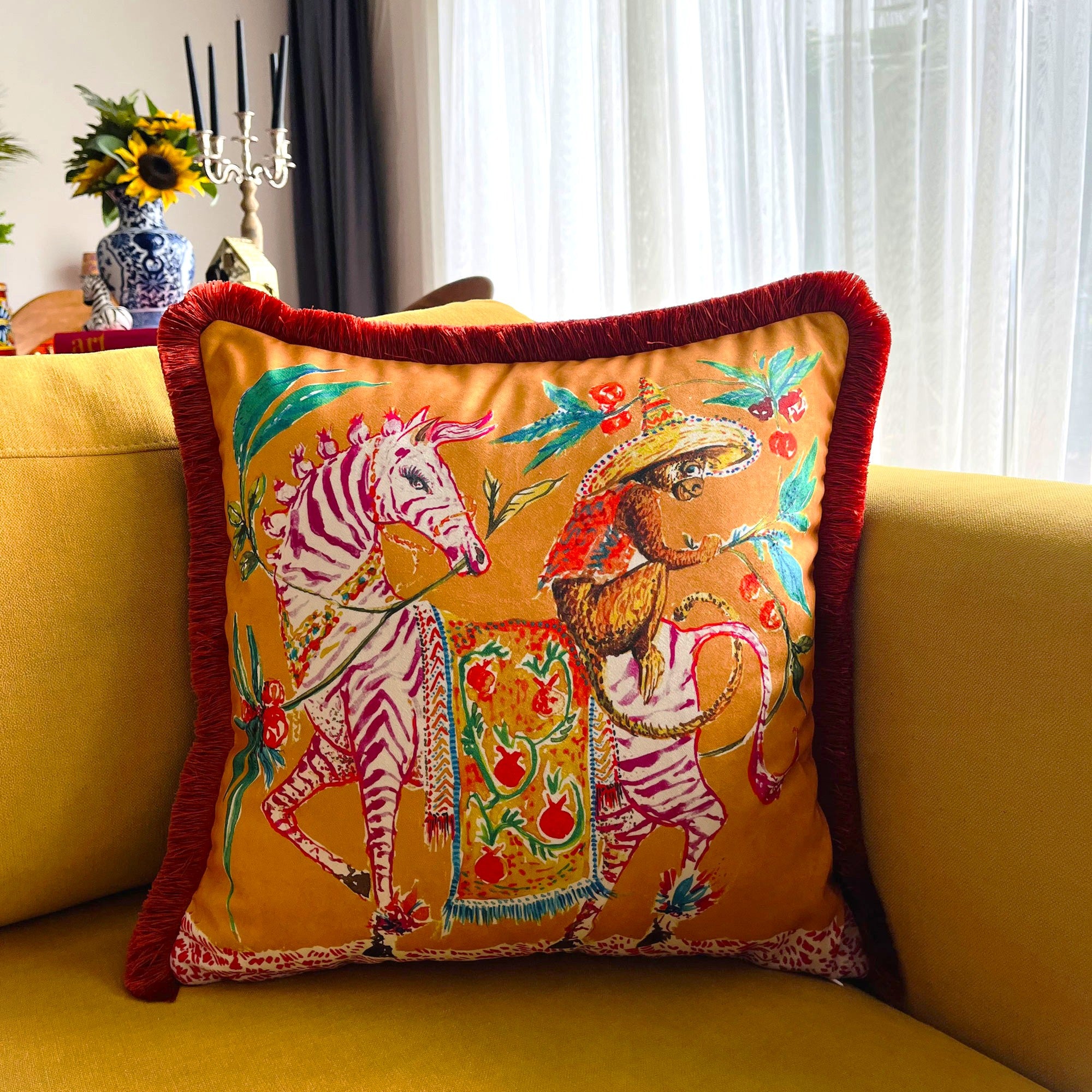 Pink Zebra & Monkey Pattern Pillow Cover | Orange Velvet Animal Print Cushion | Brick Red Tassel Decor | Symbol of Blessing